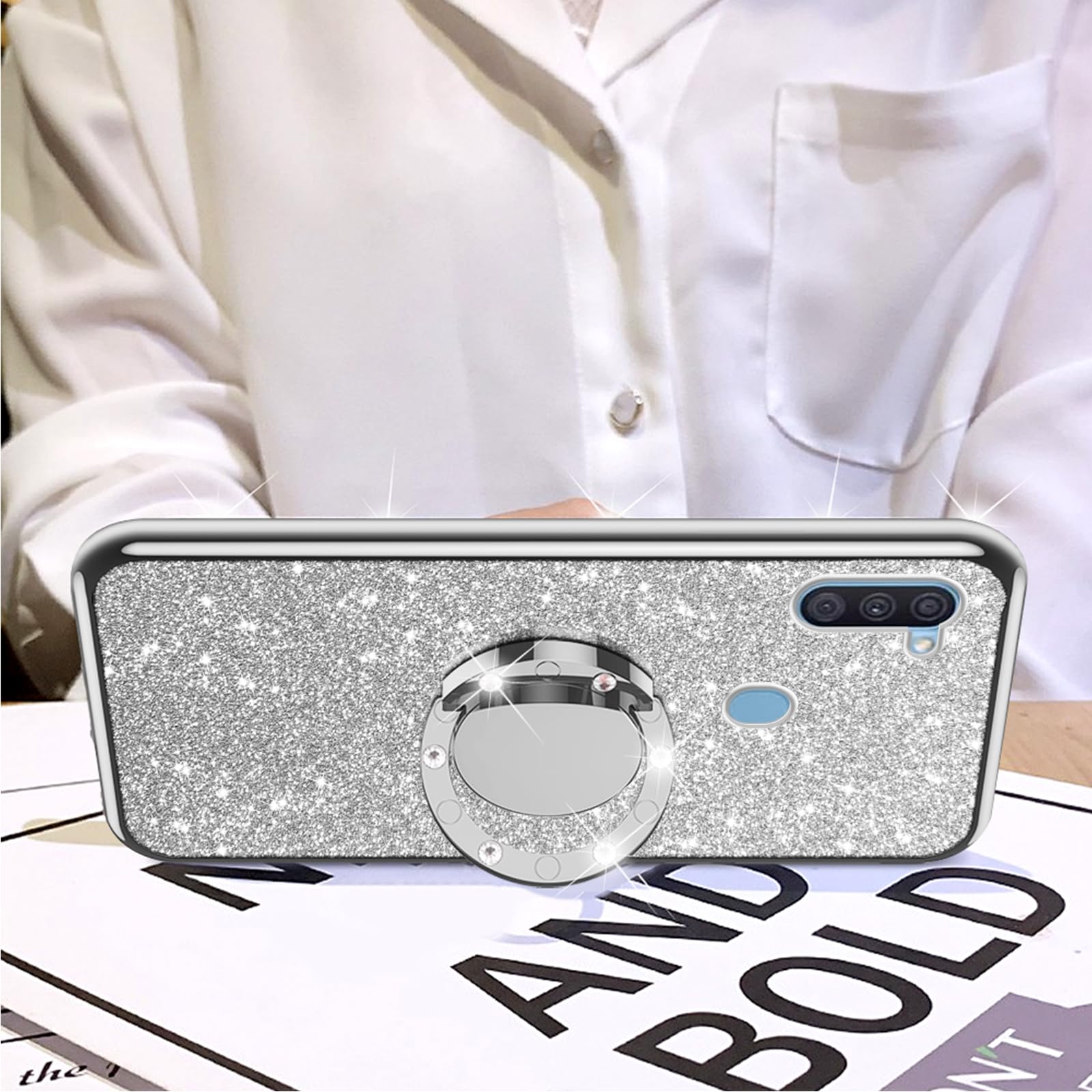 Cute Glitter Rhinestone Silicone Phone Case for Samsung Galaxy A11 - Shockproof Protection with Ring Stand, Strap & Lanyard | Perfect for Women & Girls | Stylish Accessory for Daily Use, Work & Travel (Silver)