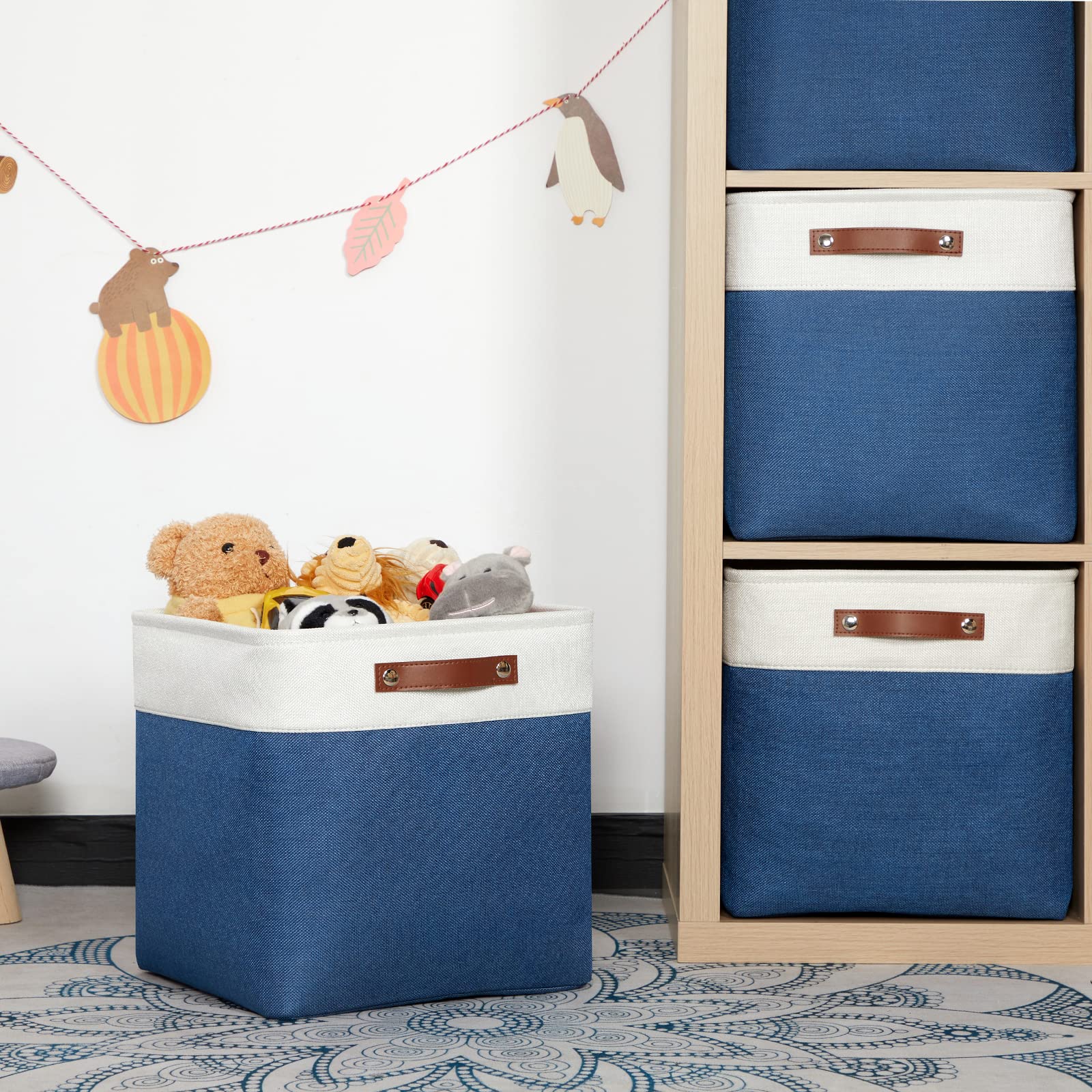 HNZIGE 13 Inch Fabric Cube Storage Baskets with Handles - Organizer Bins for Clothes, Toys, Closet & Nursery - Foldable Shelving Storage Solution for Home, Office & Kids Room (Blue & White)