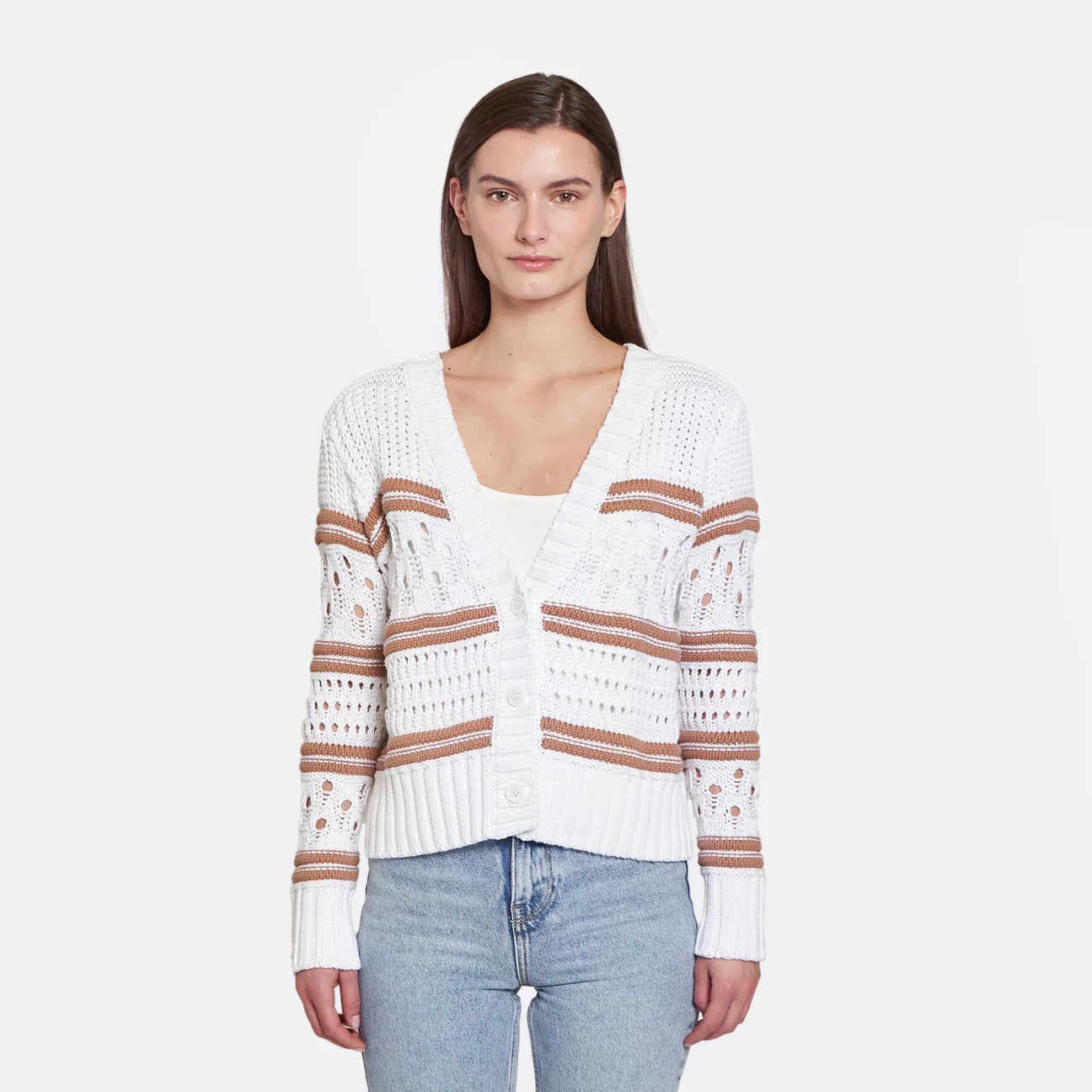 Chunky Multi Stitch Cardigan Sweater - Bleach White & Wicker Color - Cozy Oversized Knitwear for Women | Perfect for Fall Winter Fashion, Casual Outfits & Coffee Dates