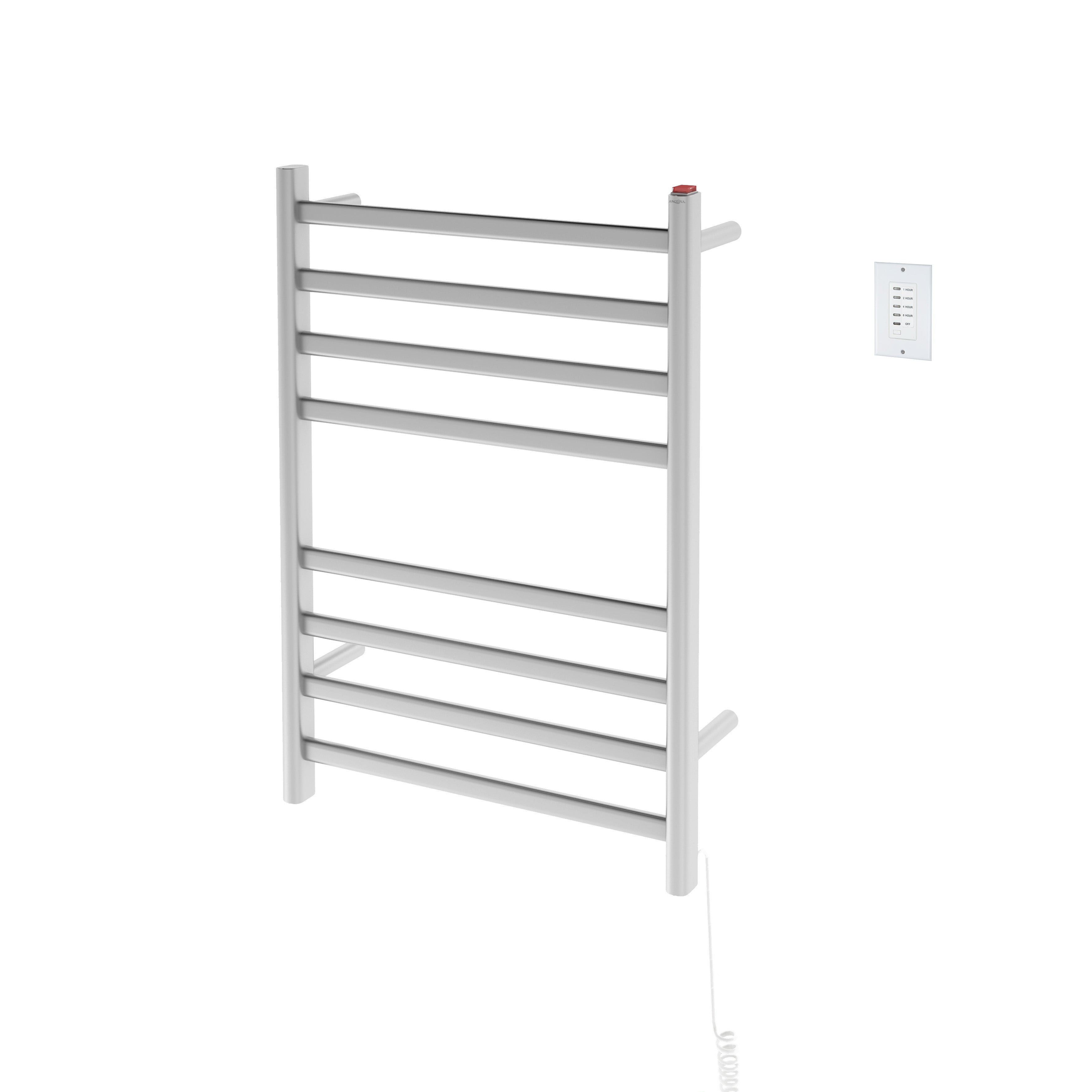 Prima Dual Extended 8 Bar Hardwired & Plug-in Electric Towel Warmer - Brushed Stainless Steel with Wall Timer - Perfect for Bathrooms, Spas & Luxury Hotels
