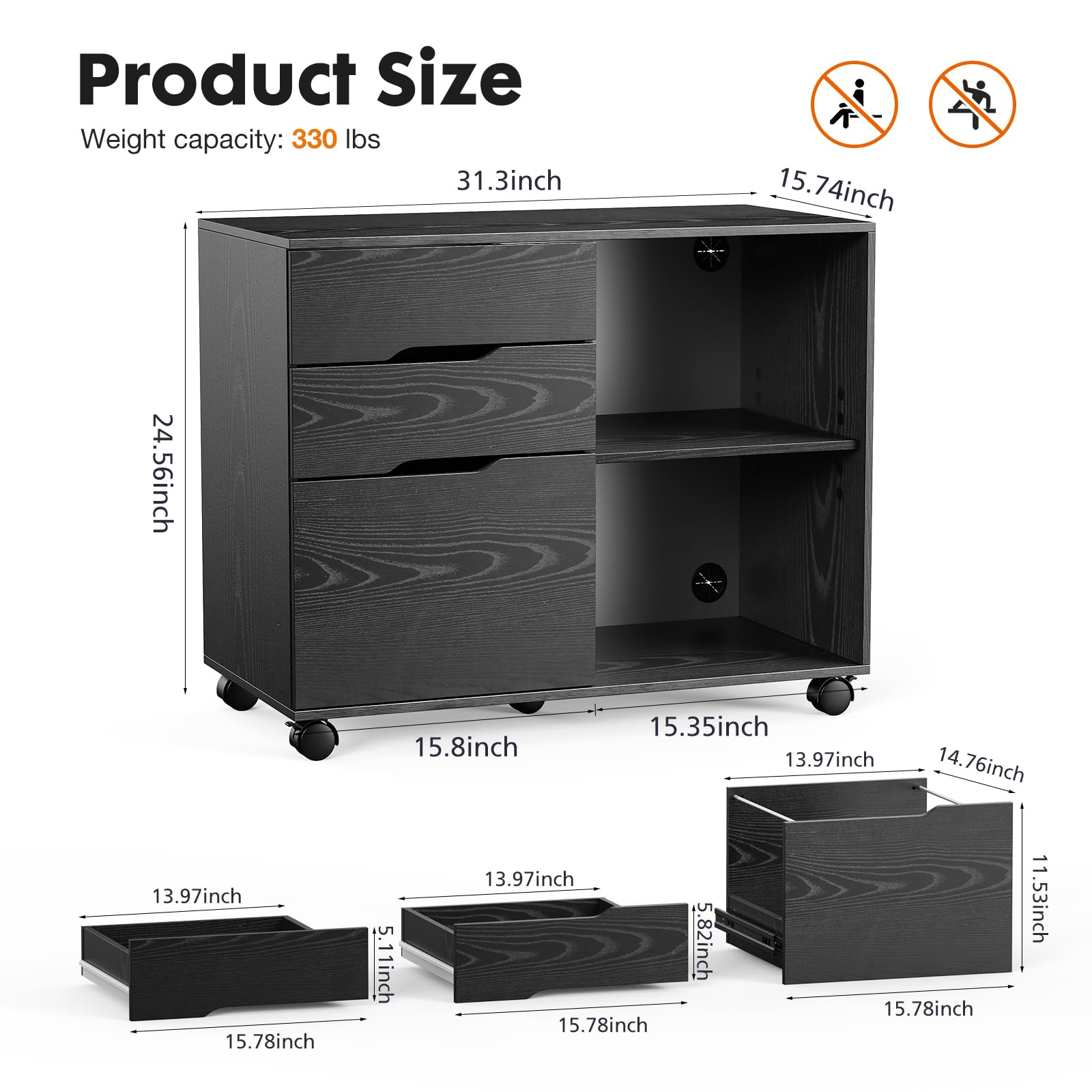 NewBULIG 3-Drawer Mobile Wooden Lateral Rolling File Cabinet with Adjustable Shelves - Printer Stand with Wheels for Home Office Organization, Black - Perfect for Document Storage & Workspace Organization