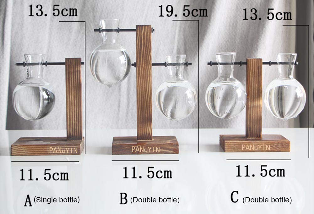 Modern Double Balls Glass Desk Vase - Hydroponic Plant Terrarium Container with Wooden Stand (Double Side Ladder) - Perfect for Office Decor, Home Plant Display & Gift Ideas