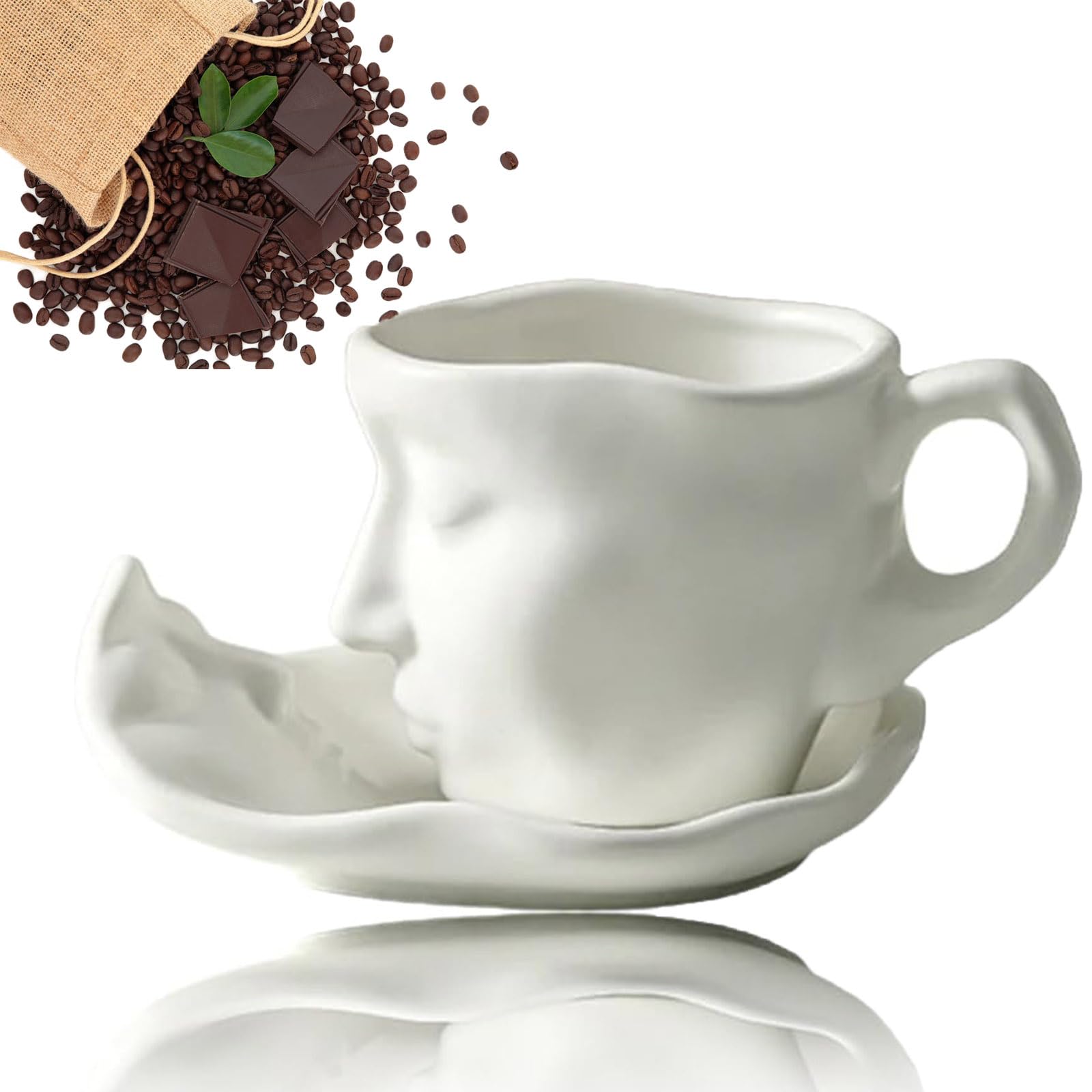KCRPM Creative Ceramic Kiss Coffee Mug - Funny Face Touching Design, Ceramic Tea Cup and Saucer Set (100ml, White) - Perfect for Couples Gifts, Valentine's Day, Romantic Coffee Dates & Office Humor