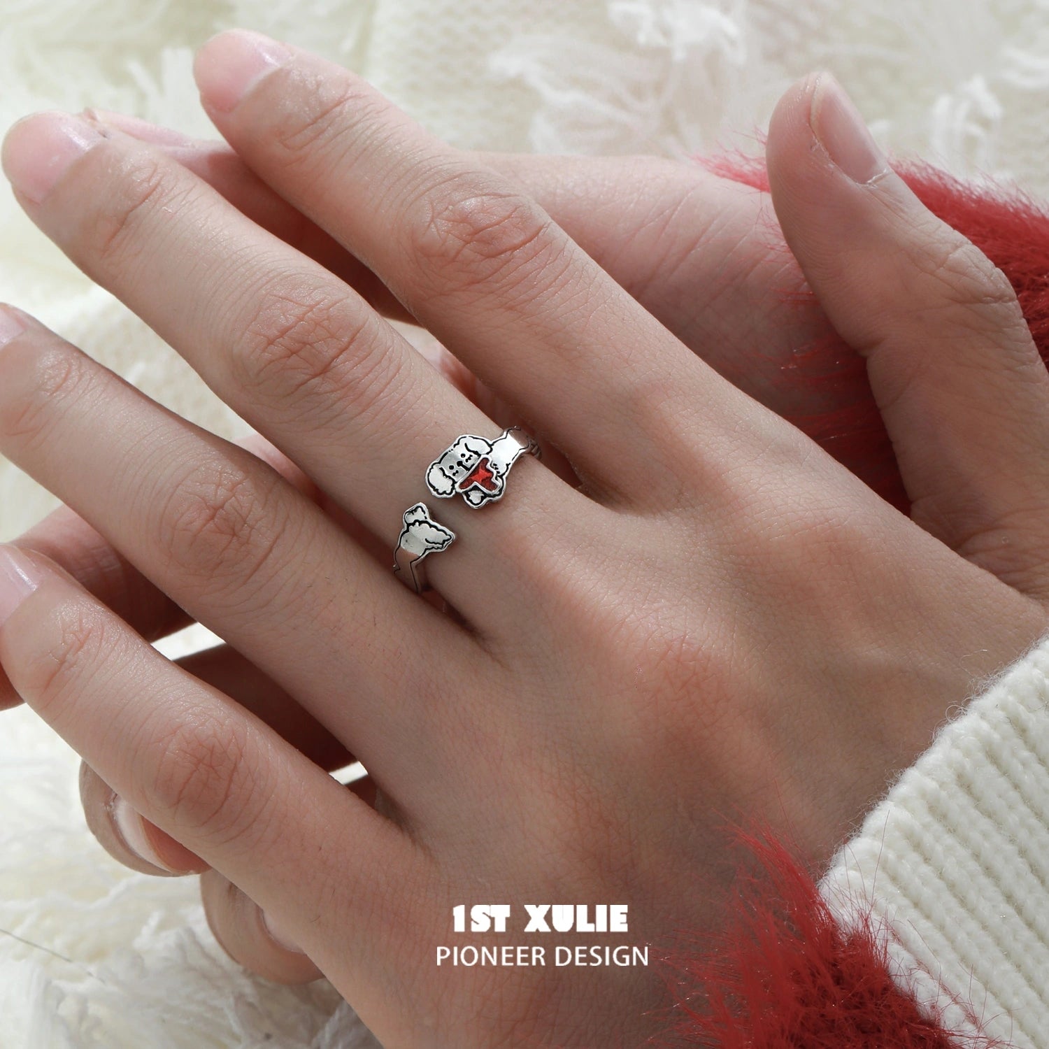 2024 Christmas Graffiti Puppy S925 Sterling Silver Adjustable Open End Ring - Perfect Holiday Gift for Dog Lovers, Christmas Party & Festive Jewelry Collection