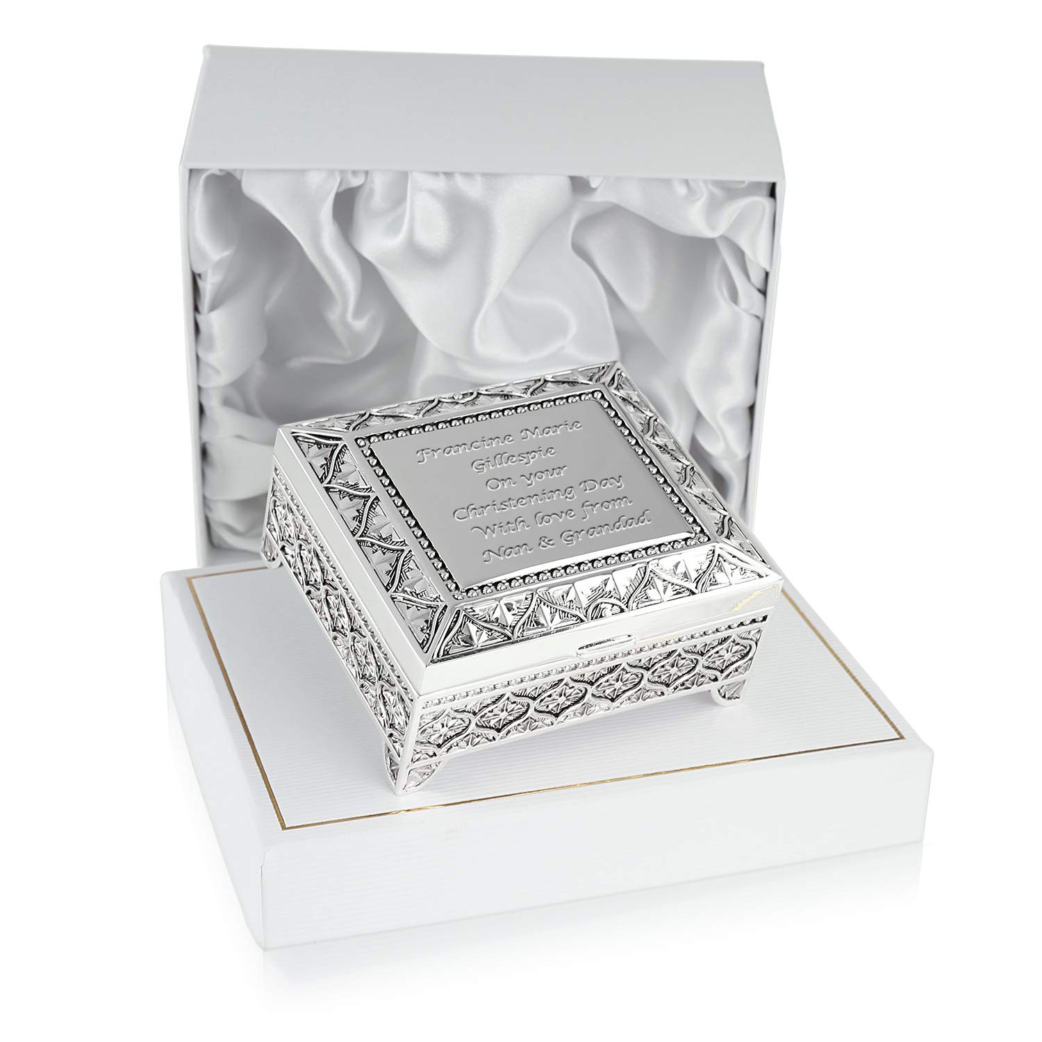 Personalized Silver Plated Christening Gift Box - Engraved Keepsake Jewelry Trinket Box with Satin Lining | Perfect Baptism, Baby Shower & First Communion Gift for Girls & Boys | Elegant Presentation Box for Special Occasions