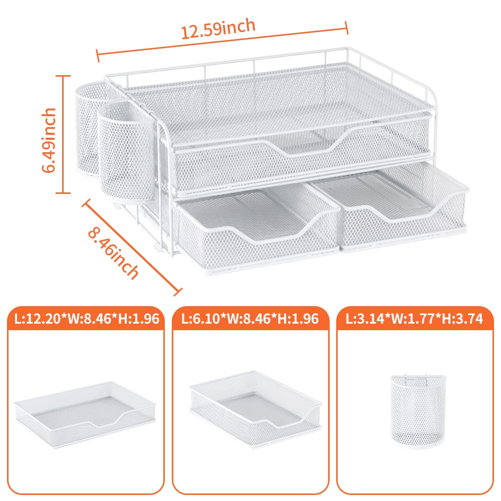 3 Tier Desk Drawer Organizer with 2 Pen Holders - White Office Desk Organizer for Home & Workspace - Perfect for Storing Stationery, Files and Office Supplies