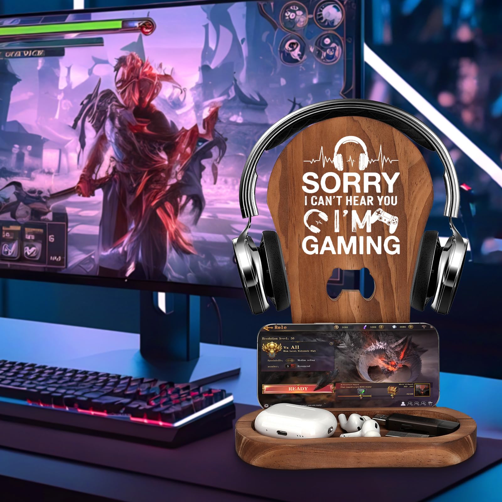 Premium Wooden Gaming Headset Stand - Perfect Gamer Gift for Teen Boys, Men, Boyfriends & Husbands - Gaming Room Decor & Headphone Holder - Ideal for PC, PS5, Xbox Setup - 'Sorry I Can't Hear You I'm Gaming' Funny Gift
