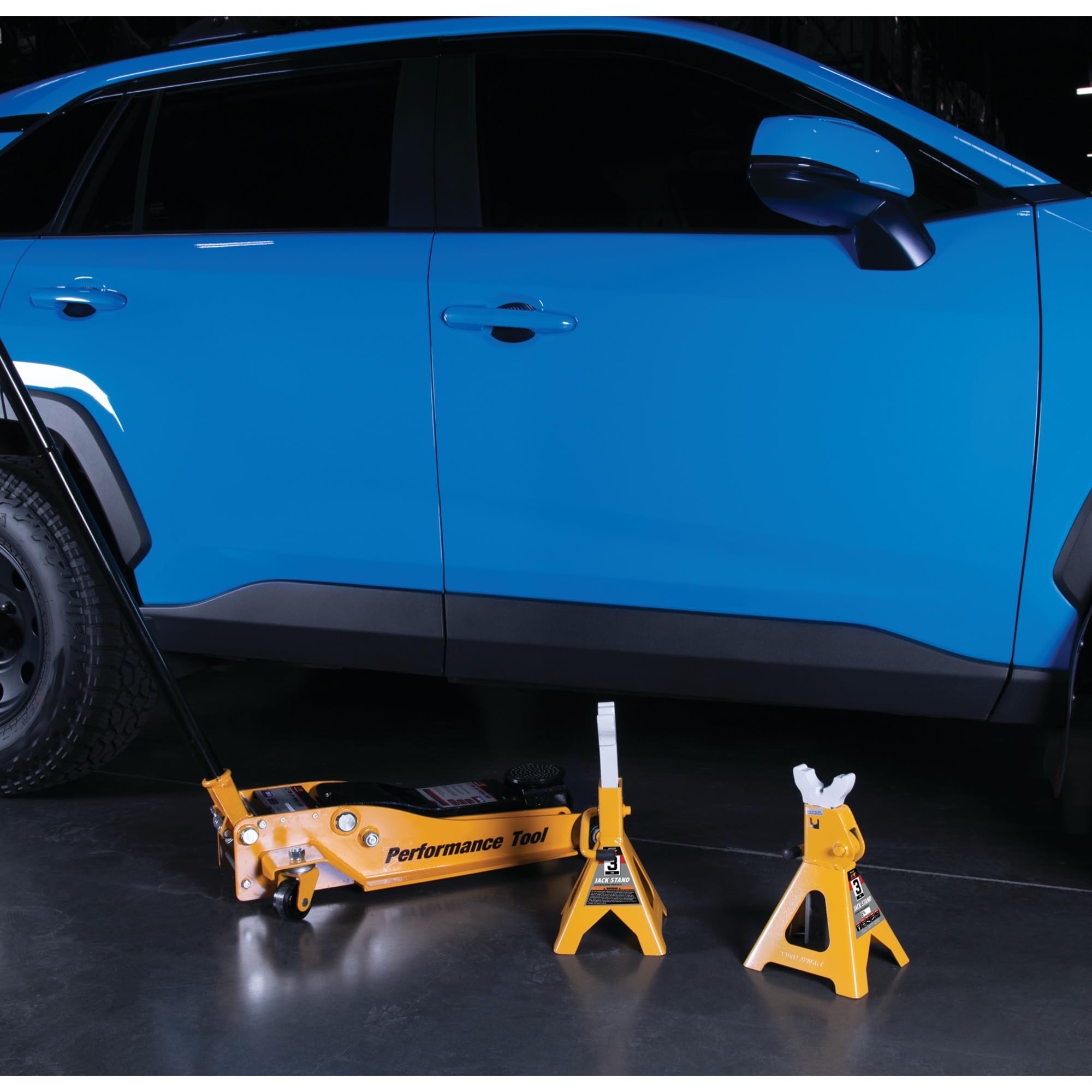 3-Ton Yellow Ratchet Jack Stand Set - Performance Tool W41022 for Safe Vehicle Lifting & Maintenance | Ideal for Car Repair, Oil Changes & Tire Rotations