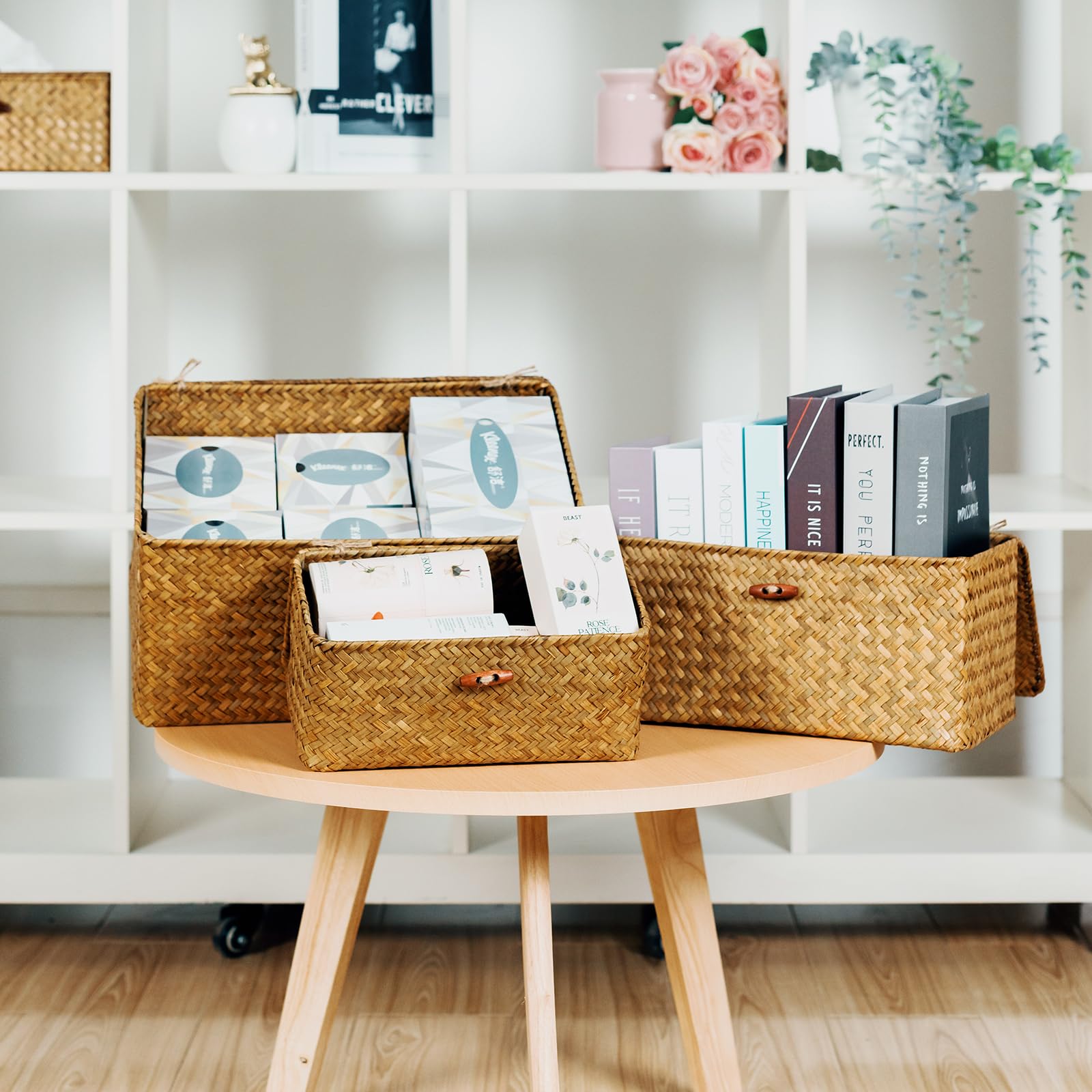 Decorative Wicker Storage Bins with Lids - Set of 3 Stackable Woven Seagrass Baskets (Large, Medium, Small) for Kids Toys, Shelves, Bathroom & Bedroom Organization - Perfect for Home, Nursery & Closet Storage Solutions
