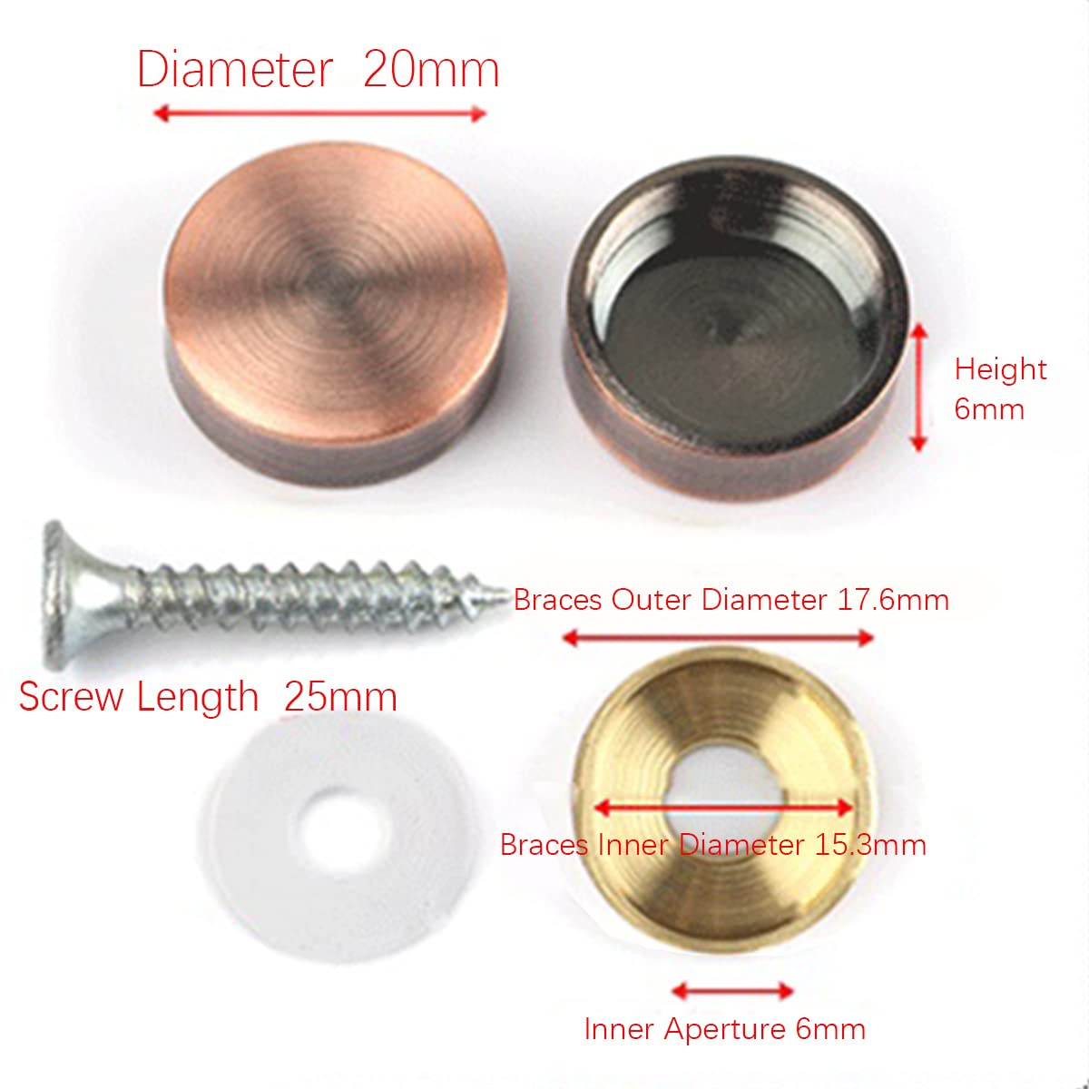 8PCS Mirror Screws Pure Copper Cap - 20mm Diameter Decorative Mirror Nails for Sign Advertising Hardware (Red Bronze) - Perfect for Home Decor, Retail Displays & DIY Projects