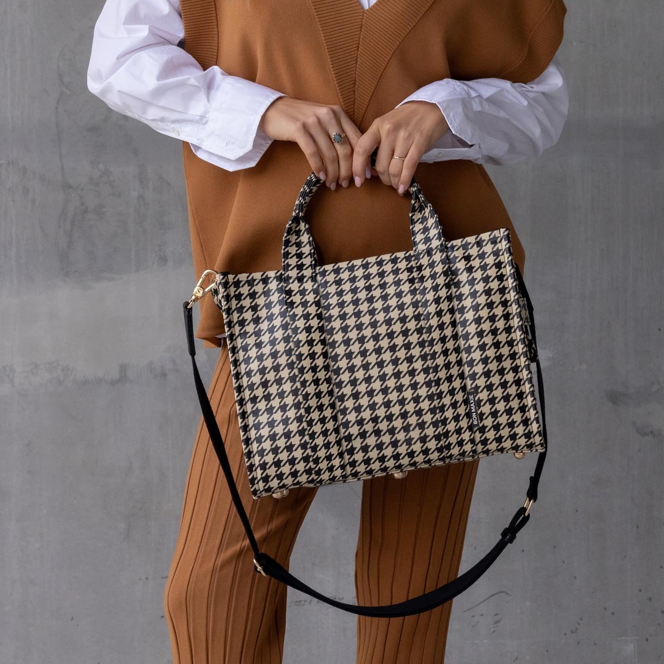 Stylish Small Structured Tote Bag - Black Houndstooth Pattern for Women | Perfect for Work, Shopping & Travel Accessories