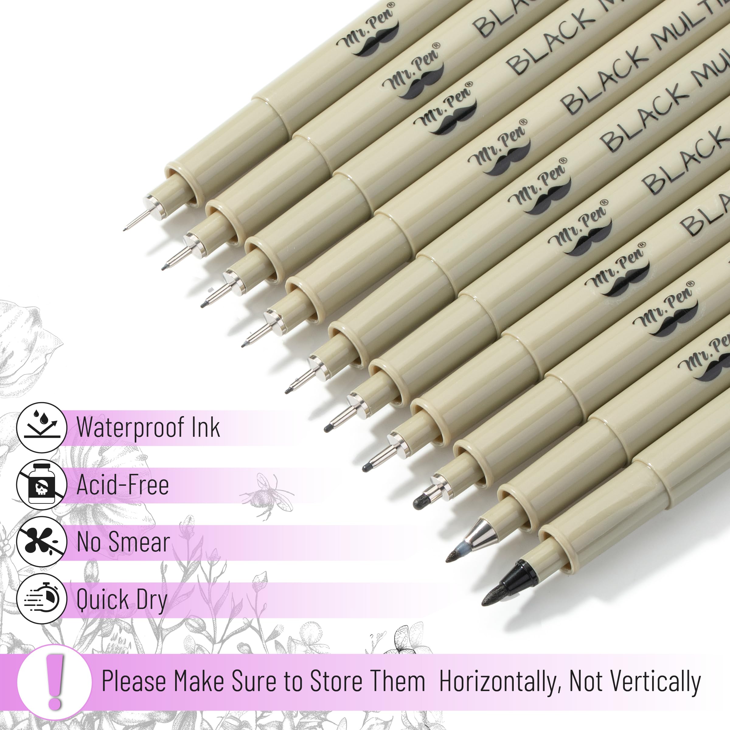 Mr. Pen - Professional Artist Drawing Pens Set, 10 Sizes Black Fineliner Multiliner Pens for Sketching, Bible Journaling & Illustration | Perfect for Artists, Designers & Calligraphy Enthusiasts