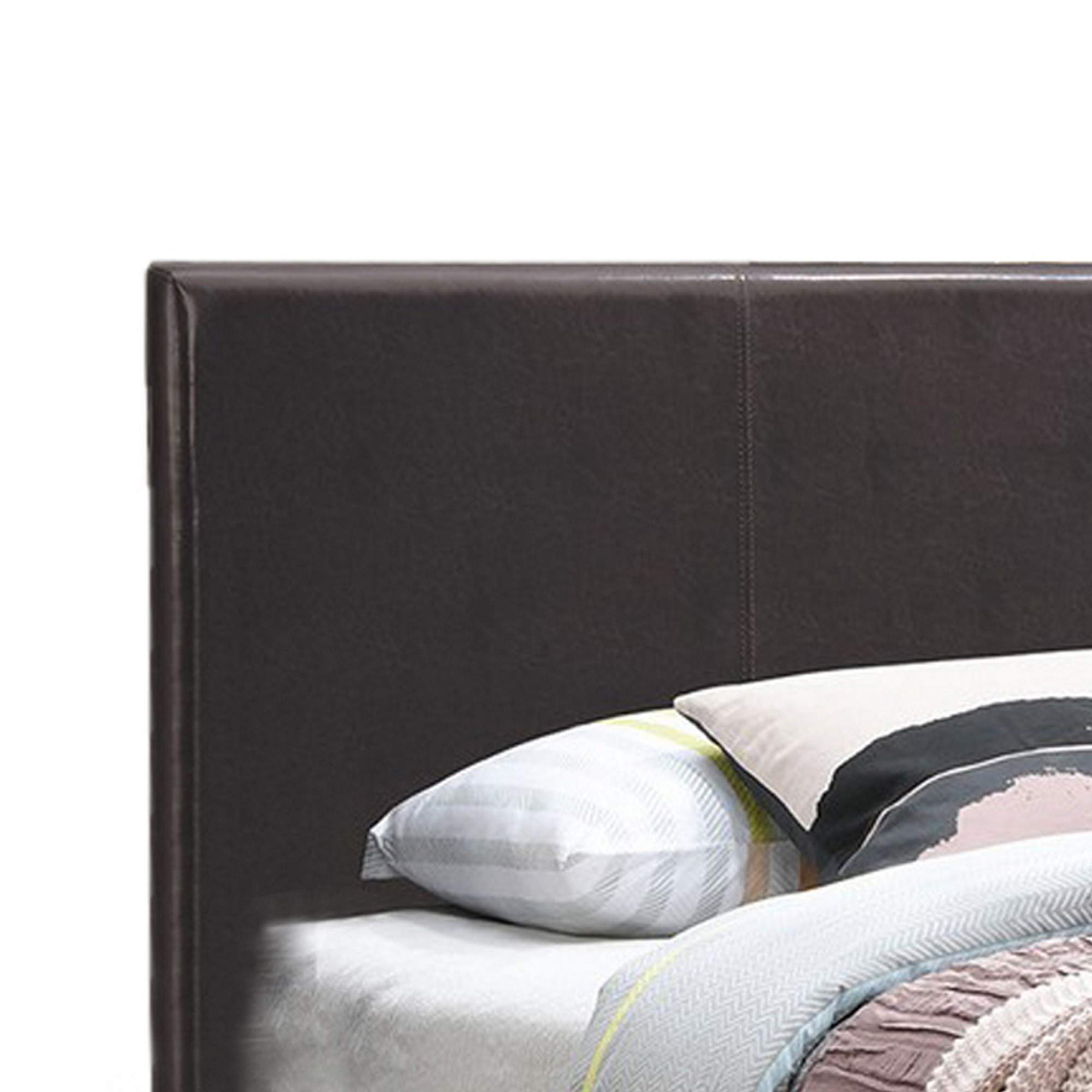 Benjara Transitional Style Leatherette Queen Size Bed Frame with Padded Headboard - Brown Faux Leather Upholstered Platform Bed - Perfect for Master Bedroom, Guest Room or Apartment