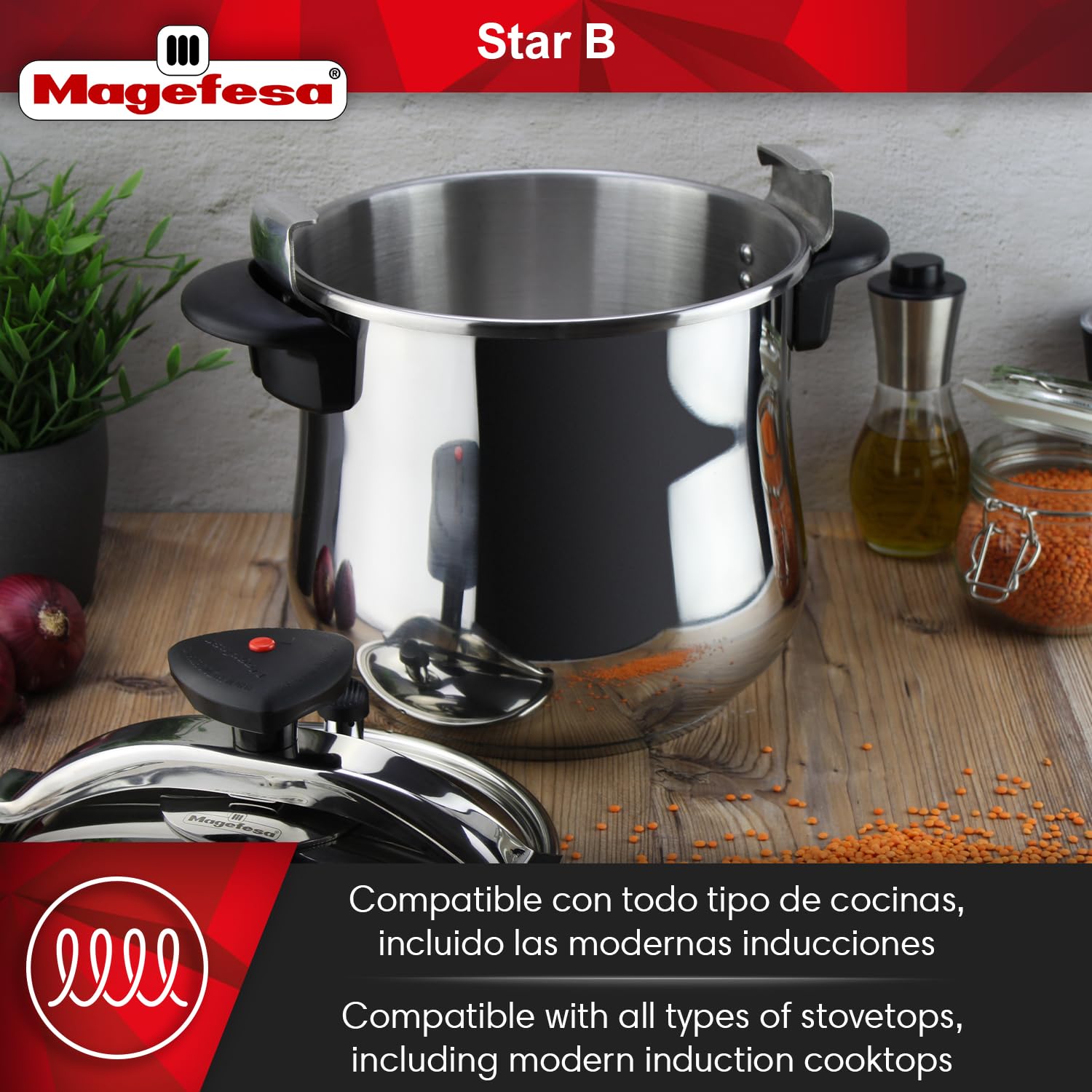 MAGEFESA 10.6 Quart Stainless Steel Pressure Cooker with Rounded Bottom - 18/10 Induction Compatible, 3 Safety Systems, 8 PSI - Perfect for Canning, Soups & Family Meals
