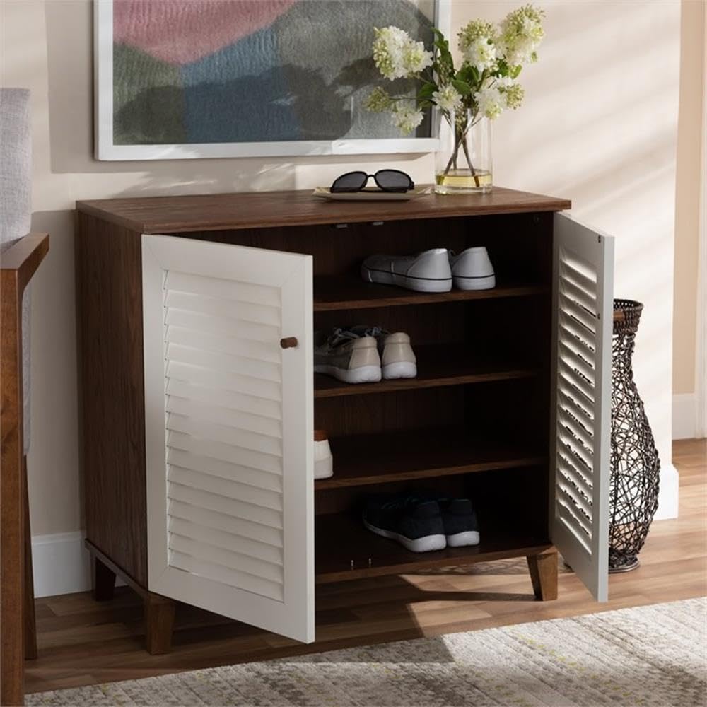 BOWERY HILL Modern 2-Door Shoe Cabinet - White & Walnut Shoe Storage Organizer Holds 12 Pairs - Perfect for Entryway, Bedroom or Closet Organization