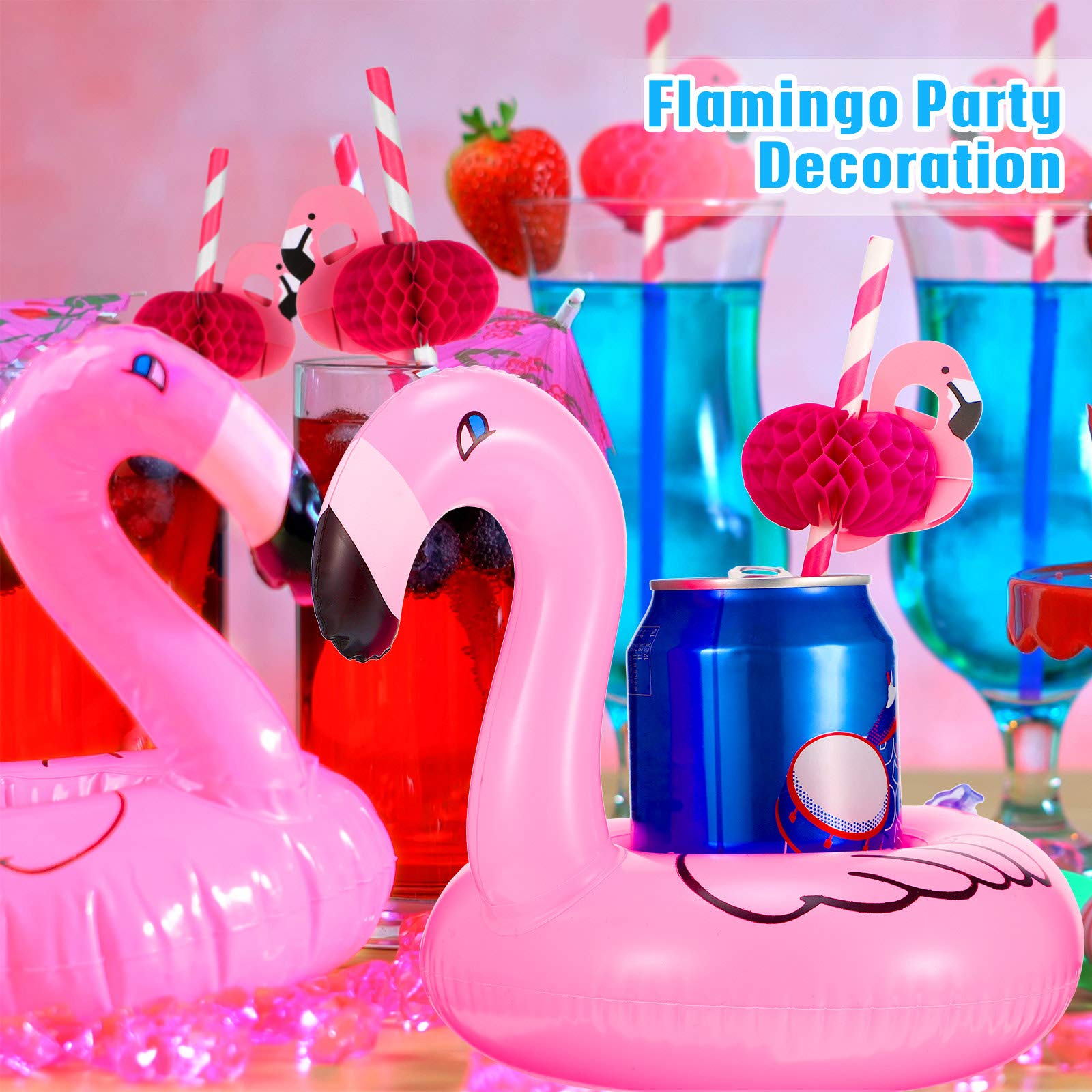 67 Pcs Flamingo Inflatable Drink Holder Set - 16 Floating Cup Holders for Pool with 50 Decorative Paper Straws & Mini Pump - Perfect for Pool Parties, Beach Gatherings & Summer BBQs