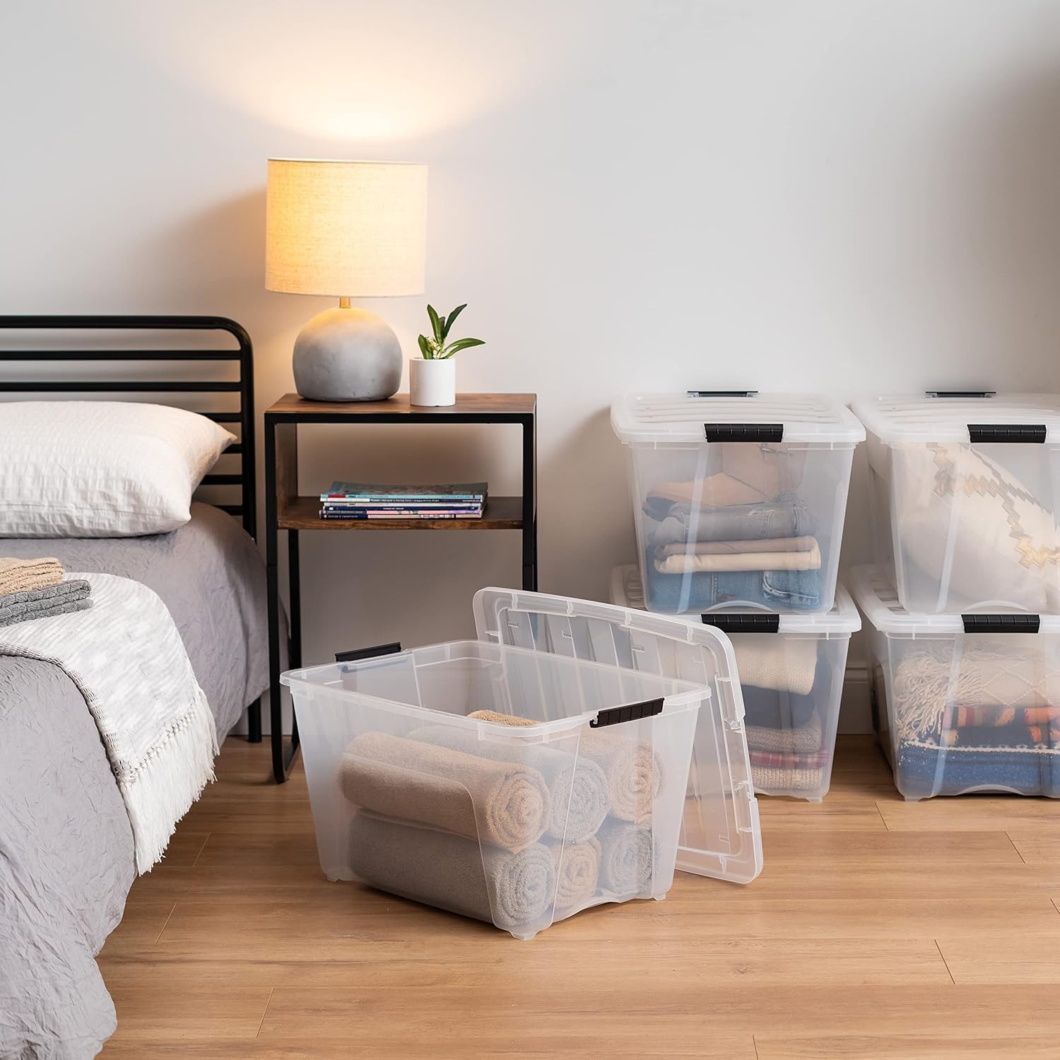 IRIS USA 54 Qt Stackable Plastic Storage Bins with Lids - 6 Pack BPA-Free Clear Organizing Containers | Durable Nestable Bins with Secure Latches & Pull Handles | Made in USA | Perfect for Home Organization, Garage Storage & Closet Decluttering