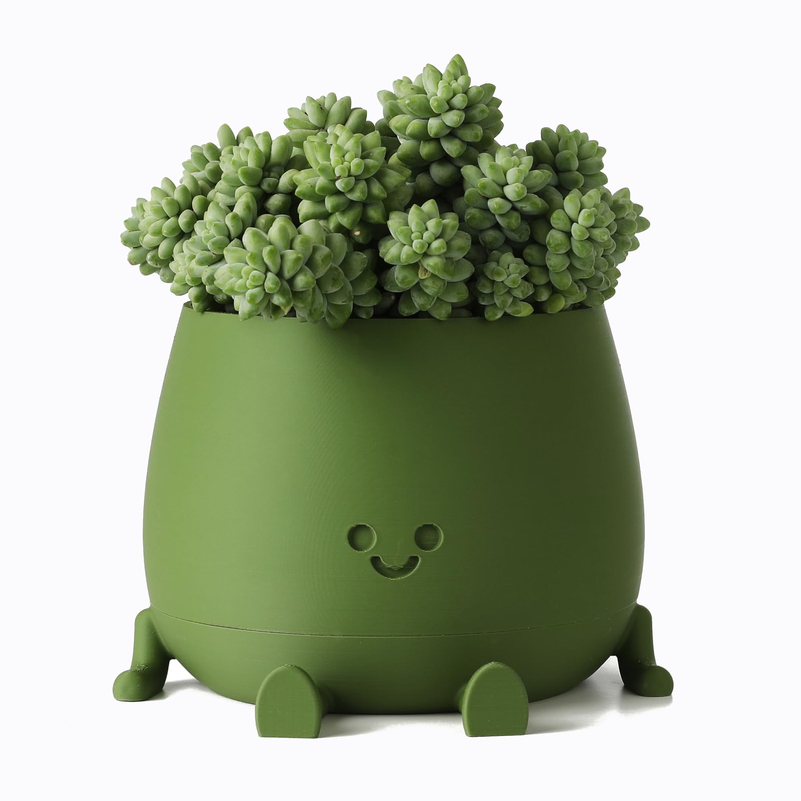 TOPOLA Happy Face Planter - 5.2 Inch Self Watering Plastic Flower Pot with Drainage Holes for Succulents, Indoor & Outdoor Plants - Funny Dark Green Decorative Planter for Home, Office & Garden Decor