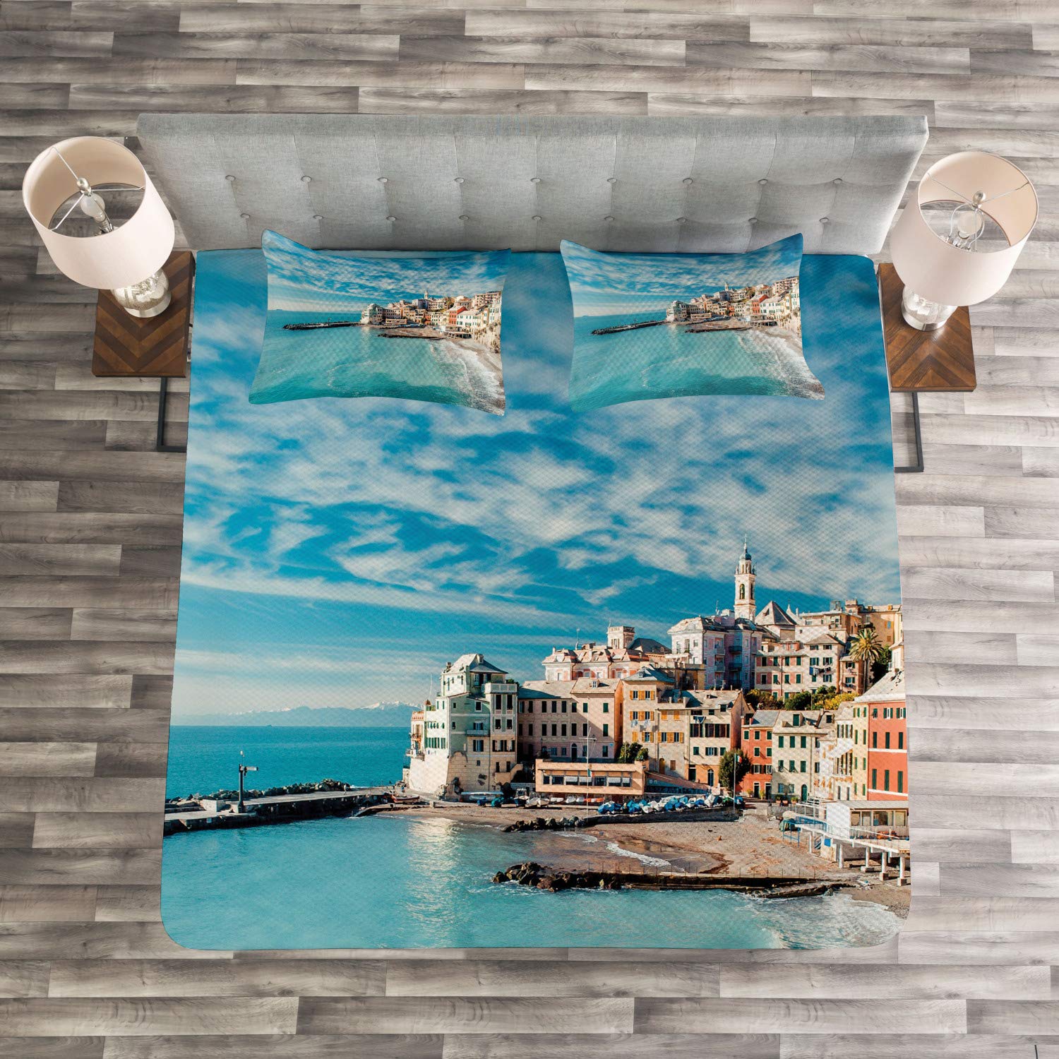 Ambesonne Italy Bedspread Set - 3 Piece Coastal Decor with 2 Pillow Shams, King Size Turquoise Old Italian Fishing Village Beach Art | Perfect for Beach House, Coastal Theme Bedroom & Vacation Home Decor