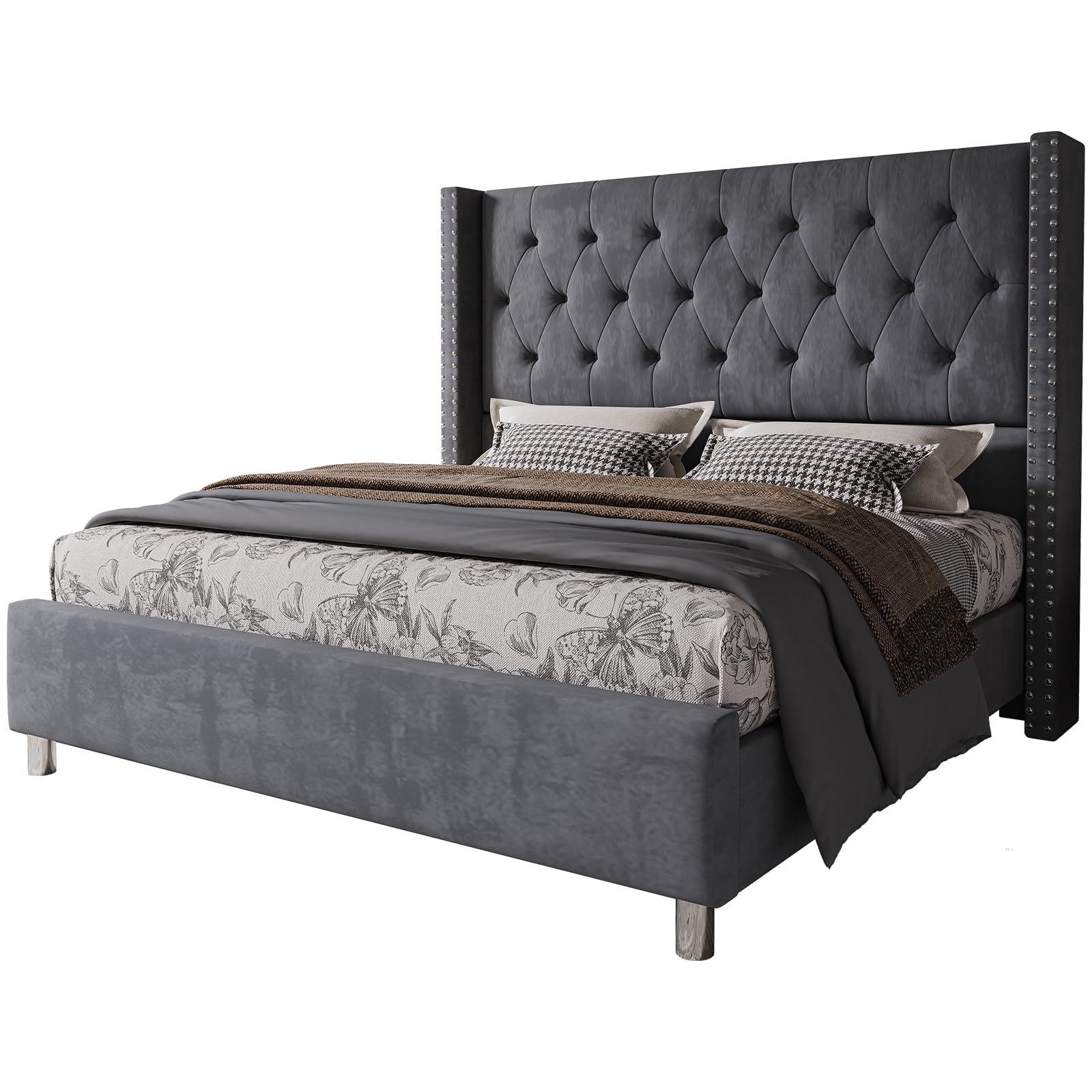 Luxury Velvet Upholstered King Size Bed Frame with Tall Wingback Headboard - Tufted Button Design, No Box Spring Needed, Easy Assembly, Grey - Perfect for Master Bedroom & Modern Home Decor