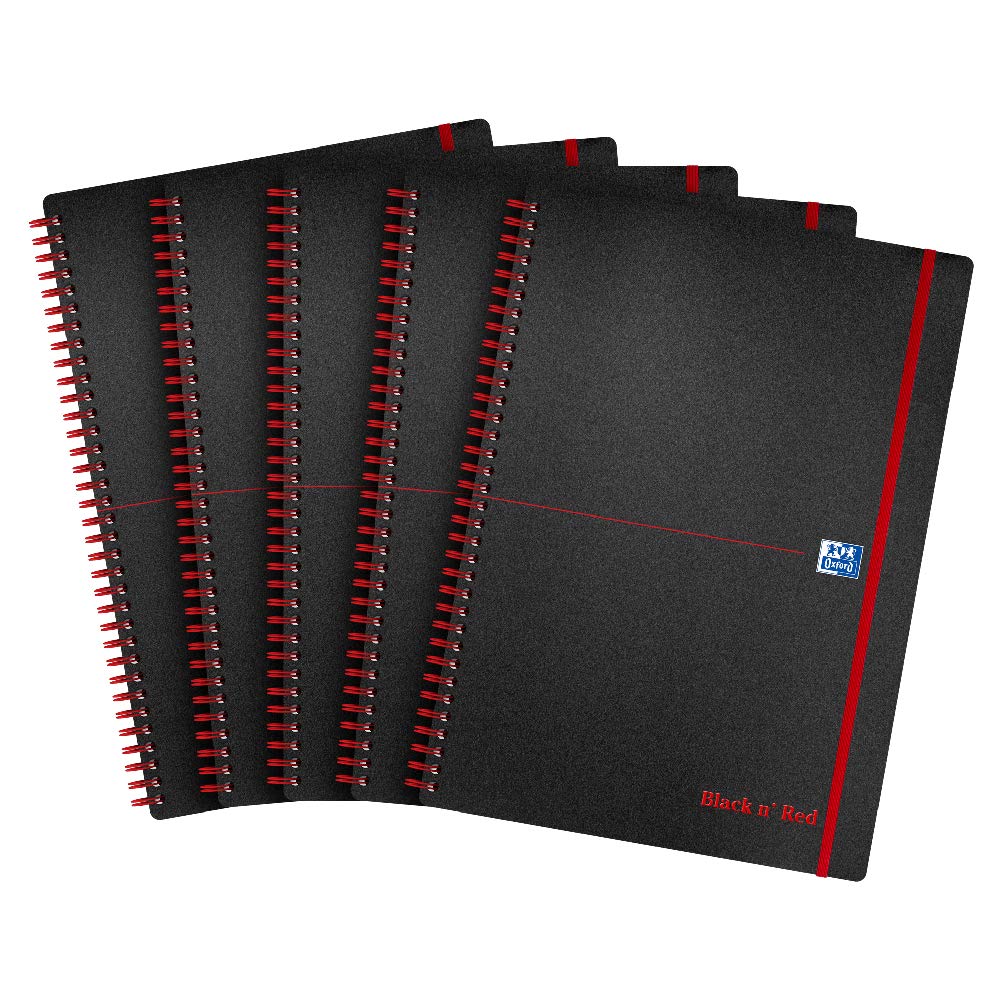 Black and Red Wirebound Notebook - Polypropylene Cover, 90gsm Ruled Paper, 140 Pages, A4 Size (Ref E67008) [Pack of 5] - Perfect for Office, School, Journaling, and Note-Taking