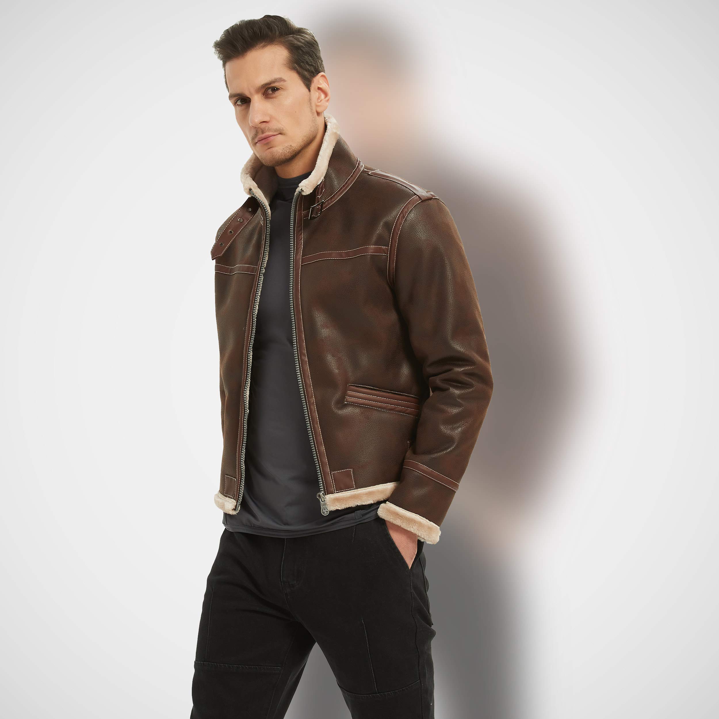 Men's Stand Collar Faux Fur Lined PU Leather Bomber Jacket - Winter Warm Coat for Cosplay, Gaming & Outdoor Activities