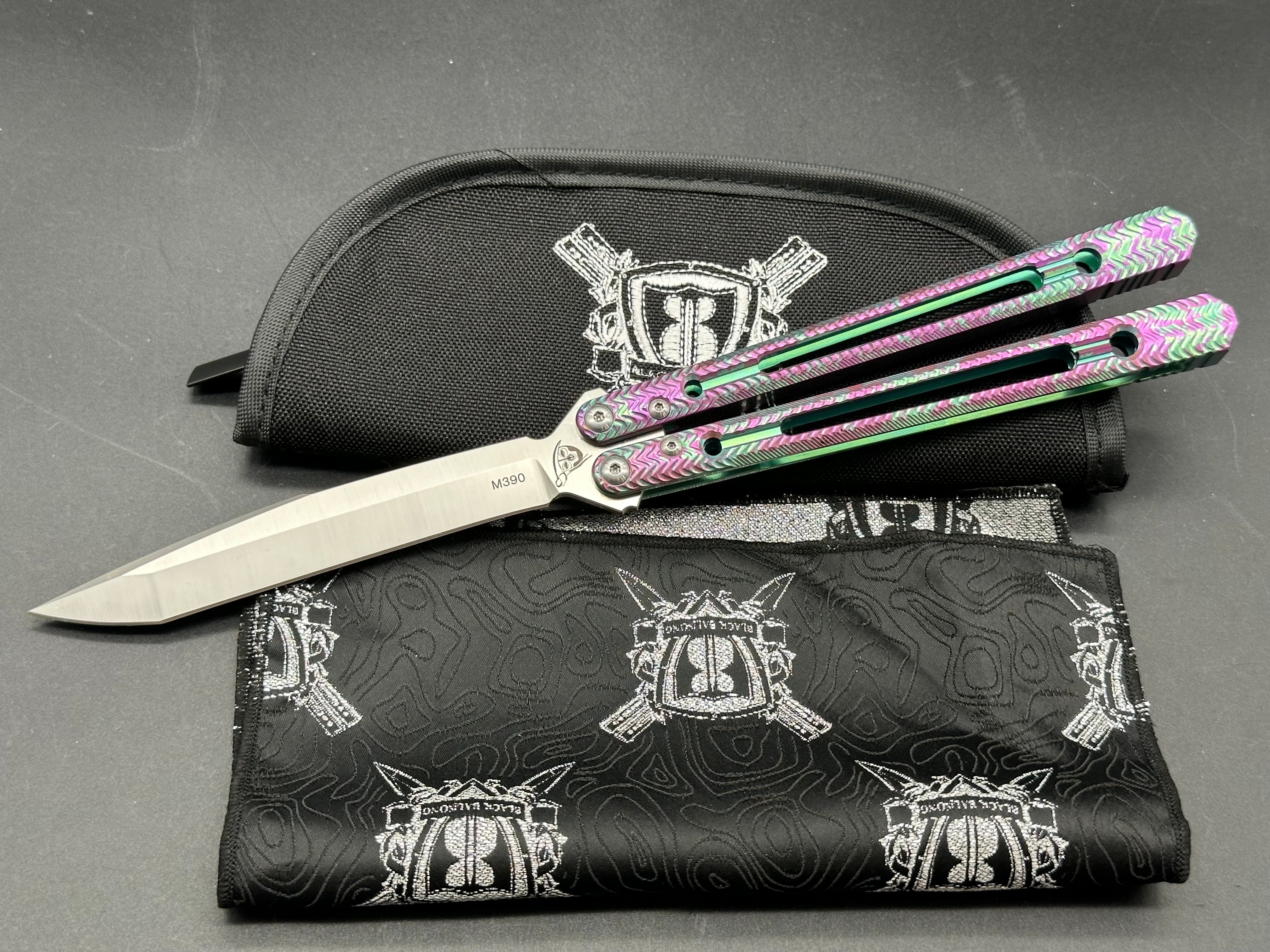 Black Balisong Reaper V2 Butterfly Knife - Spot Anodized Milled Titanium Channel Handles, Tanto Blade, Satin M390 Steel | EDC, Tactical Use & Collector's Item