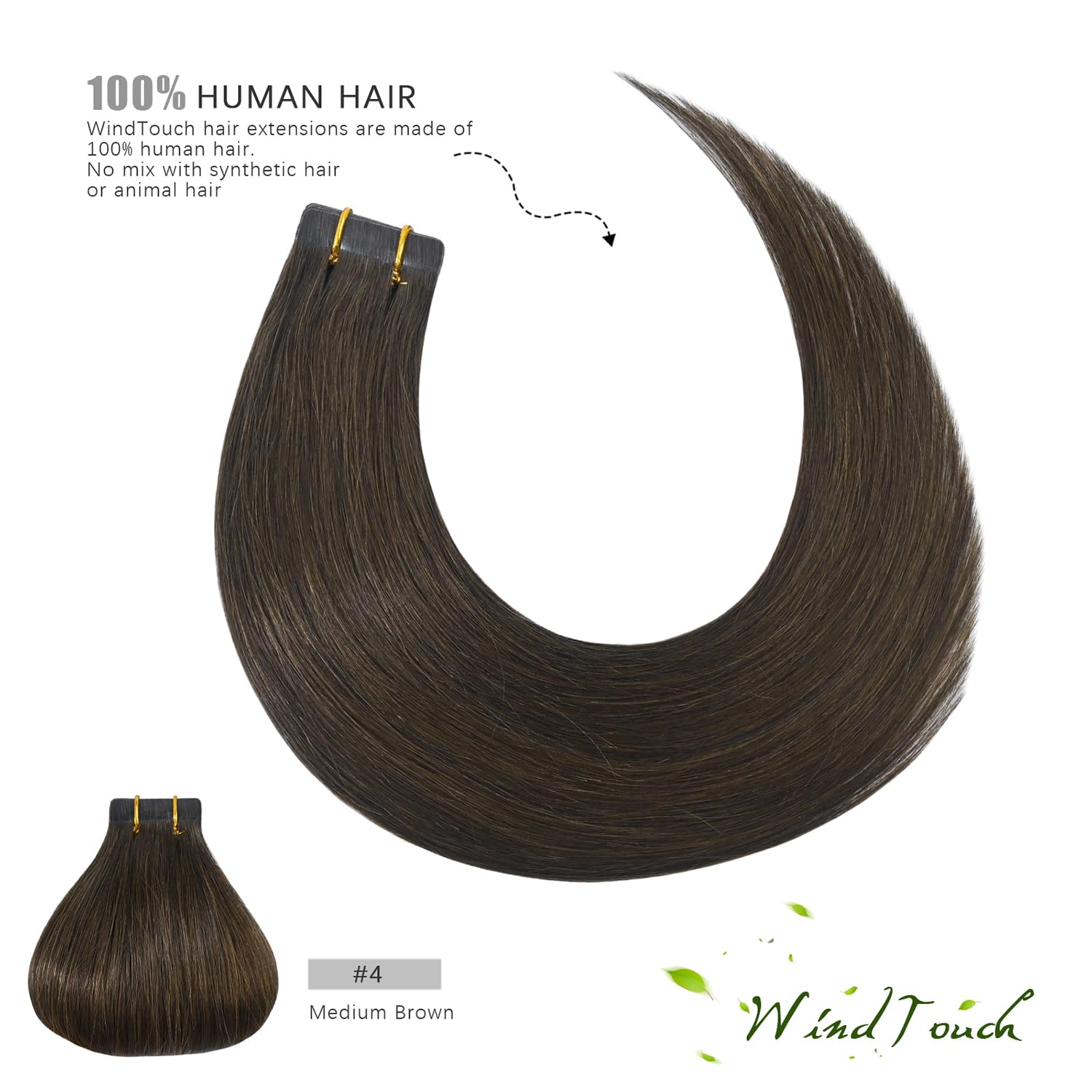 WindTouch 18 Inch Tape in Hair Extensions - 100% Real Human Hair, #4 Brown Chocolate, 20pcs (40g) - Seamless Blending for Everyday Wear & Special Occasions