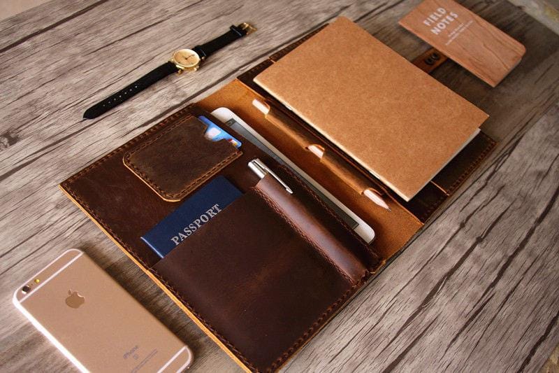 Personalized Brown Leather Notebook Portfolio - Custom Engraved Journal & Writing Pad for Business, Travel & Gifts - Premium Leather Cover with Notepad Holder