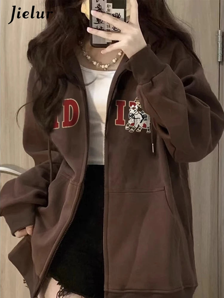 Women's Basic Hooded Zip-Up Hoodie - Winter Casual Pullover with Drawstring & Letter Print - Cozy Solid Color Fashion for Everyday Wear, Gym, and Outdoor Activities
