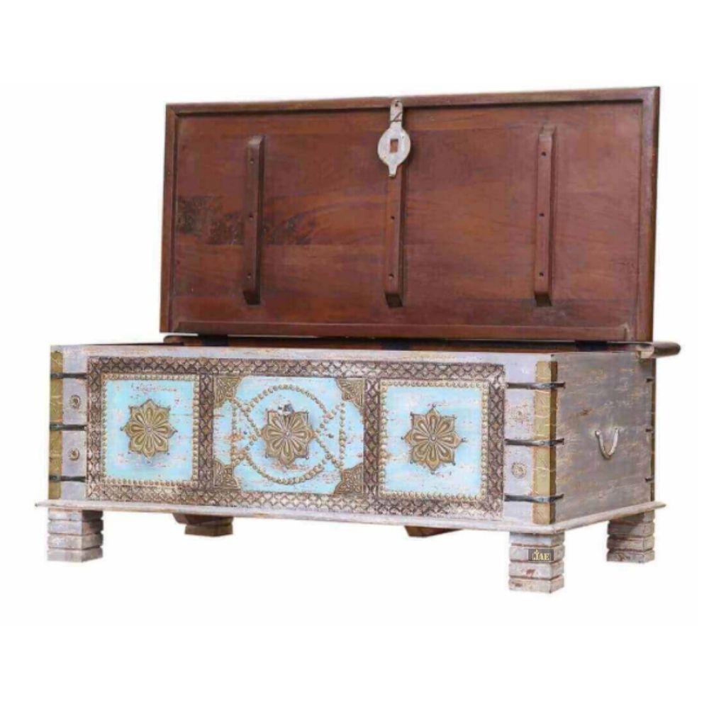 Handmade Embossed Mango Wood Storage Trunk & Coffee Table - Grey Distress Finish | Rustic Home Decor for Living Room, Bedroom & Office