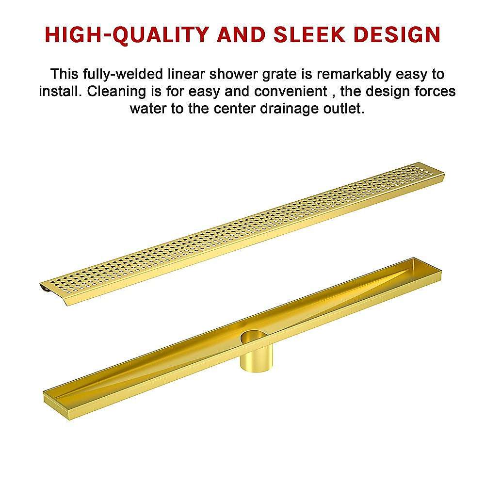 1200mm Brushed Brass Shower Drain Grate with Center Outlet - Square Pattern Floor Waste for Bathroom & Wet Room - Durable & Stylish Drainage Solution for Showers, Baths, and Wet Areas