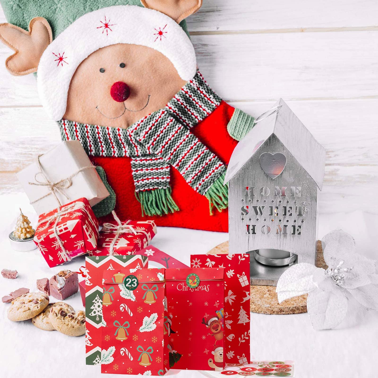 24 Pcs Christmas Treat Bags with Stickers for Holiday Party & Gifts