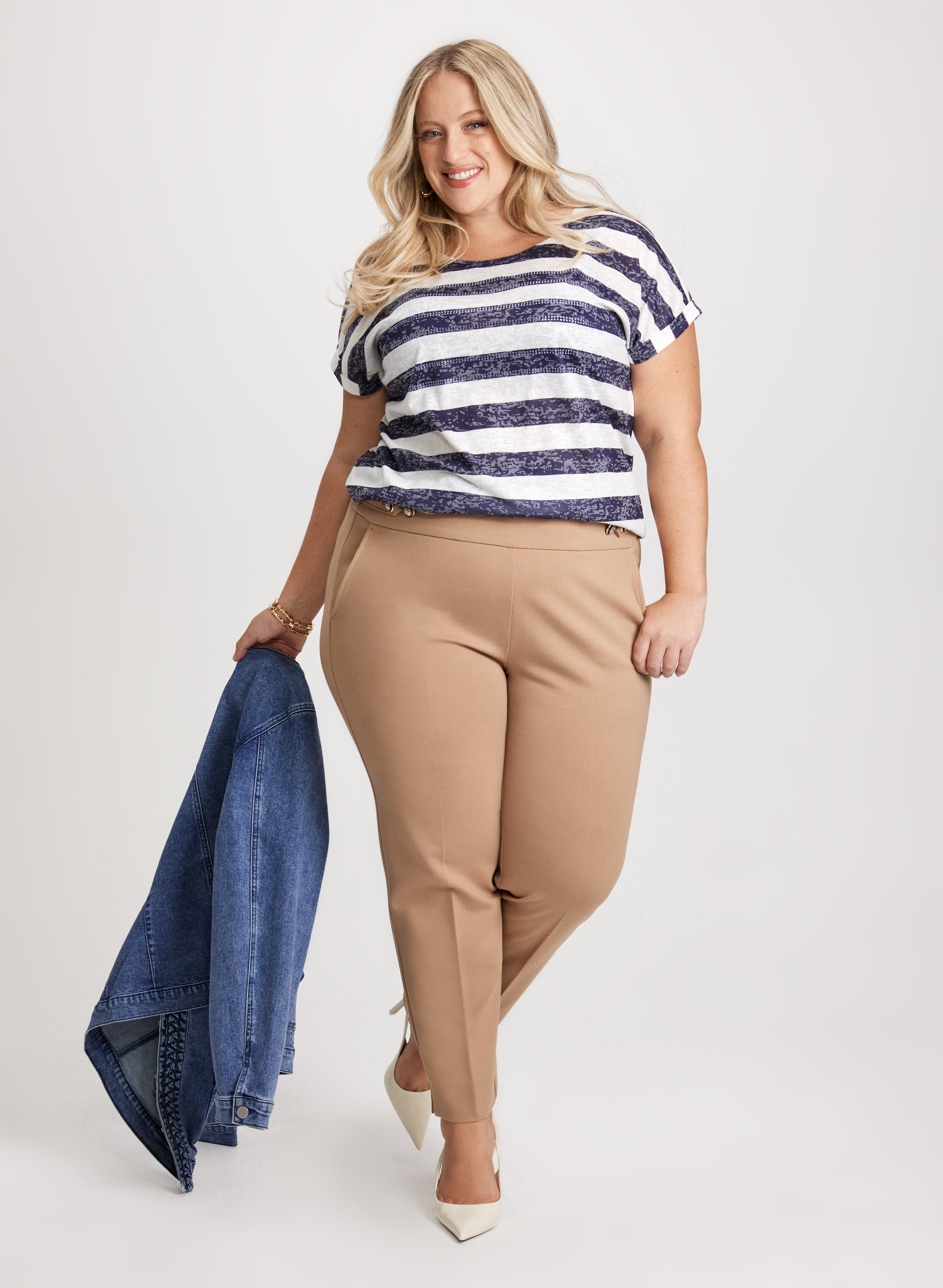 Women's Cap Sleeve Striped T-Shirt & Button Tab Detail Pull-On Pants Set - Casual Summer Outfit for Beach, Travel and Daily Wear