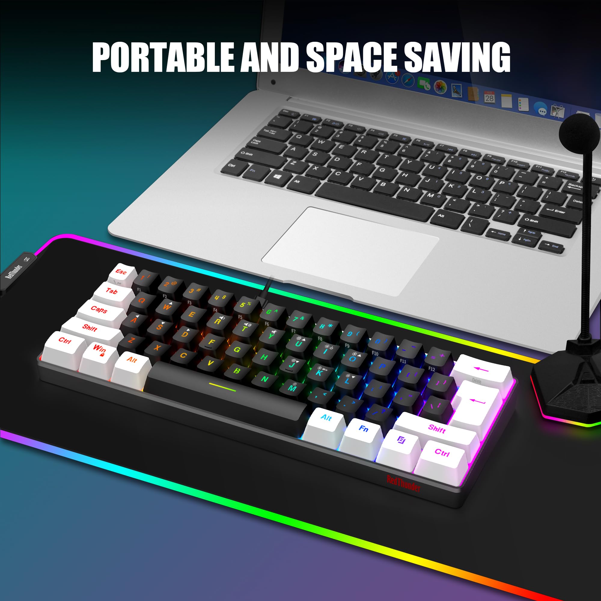 RedThunder 60% Mechanical Gaming Keyboard and Mouse Combo - 61-Key RGB Backlit Compact Keyboard with 7200 DPI Honeycomb Optical Mouse - Wired RGB Gaming Set for PC, PS5, Xbox (Black-White) - Perfect for Esports, Streaming & Office Work