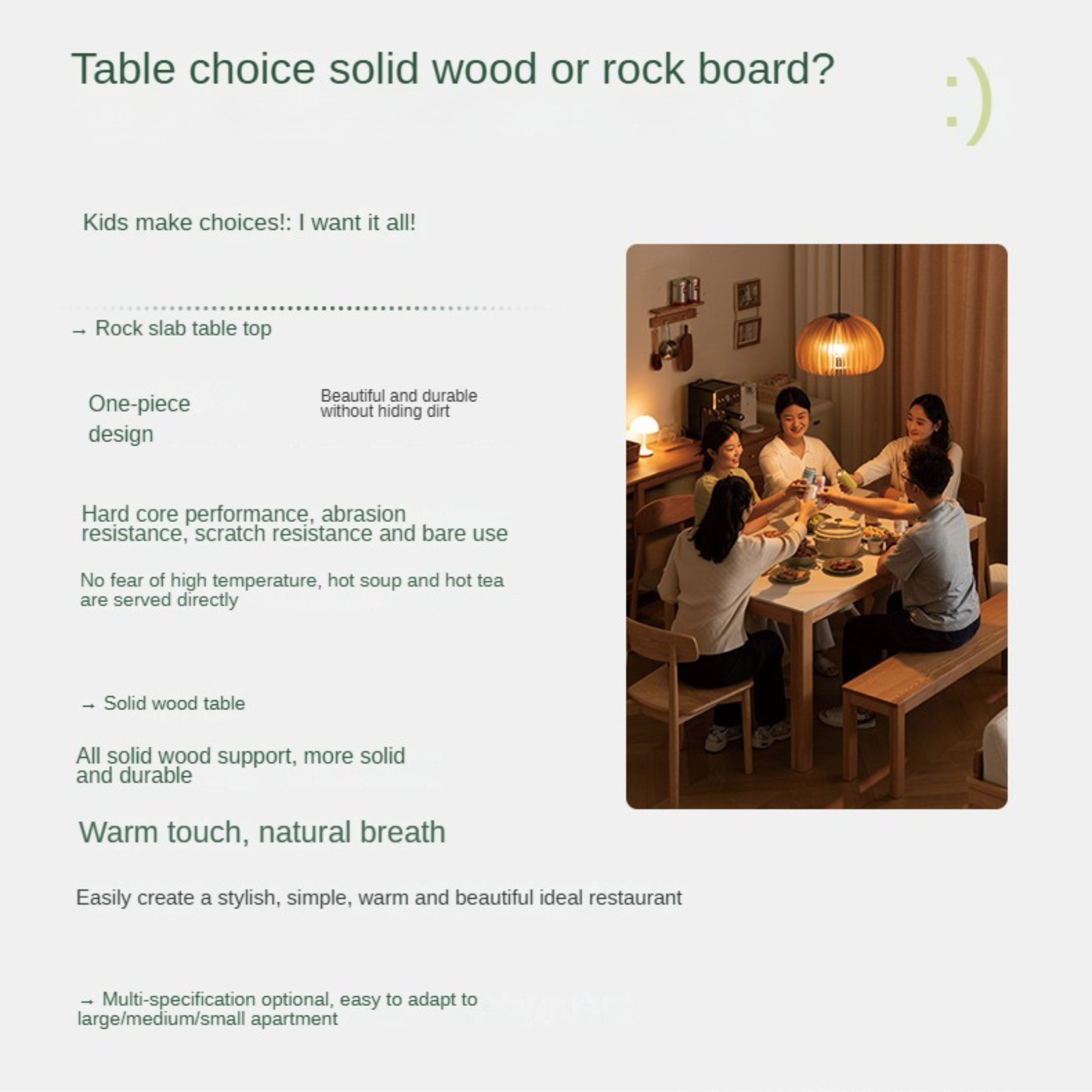 Solid Oak Wood Rectangular Rock Plate Dining Table - Rustic Farmhouse Style for Kitchen, Dining Room & Outdoor Entertaining