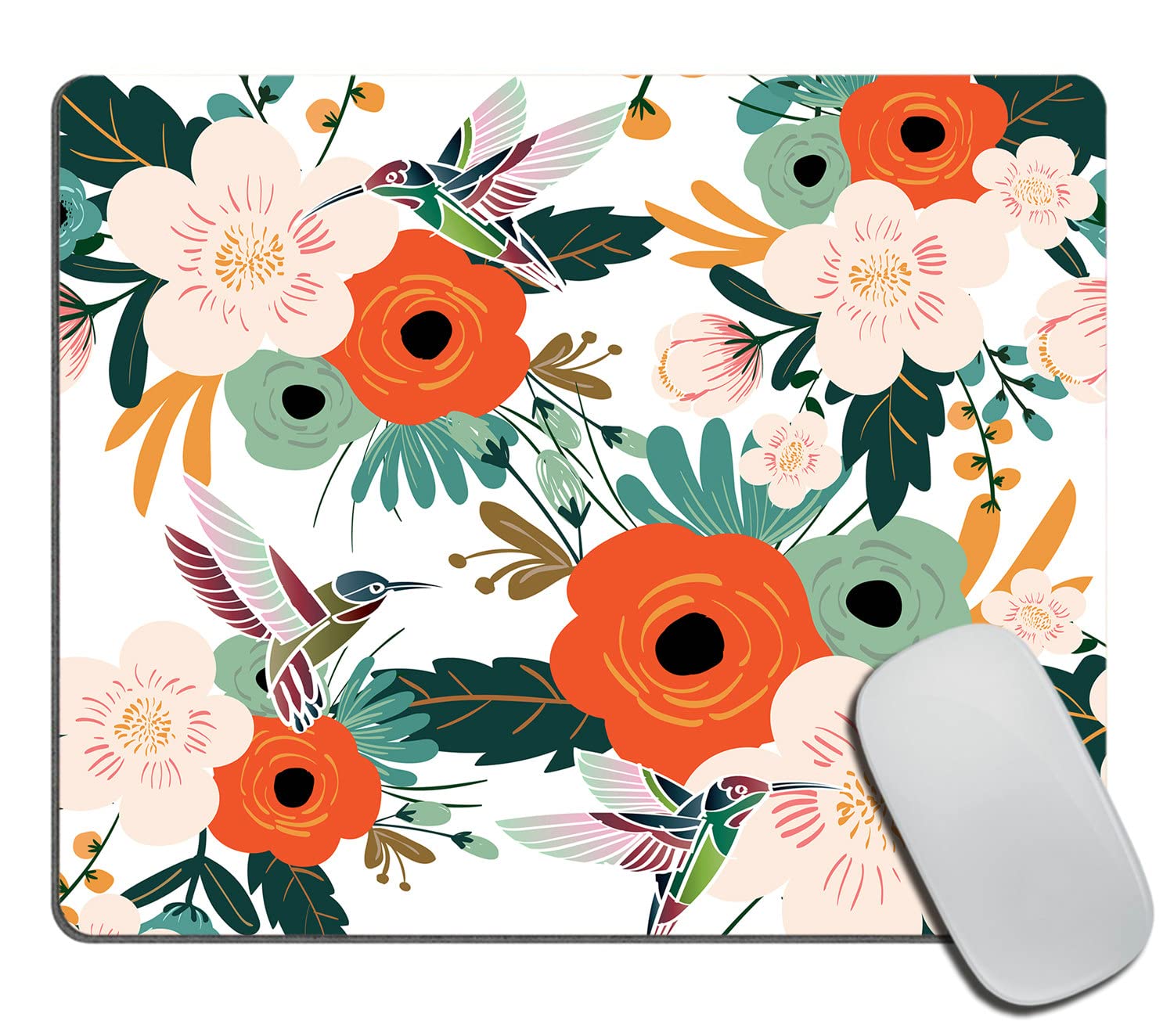 Boho Floral Mouse Pad with Hummingbird Design - Non-Slip Rubber Base Square Mouse Mat for Office & Laptop (9.5