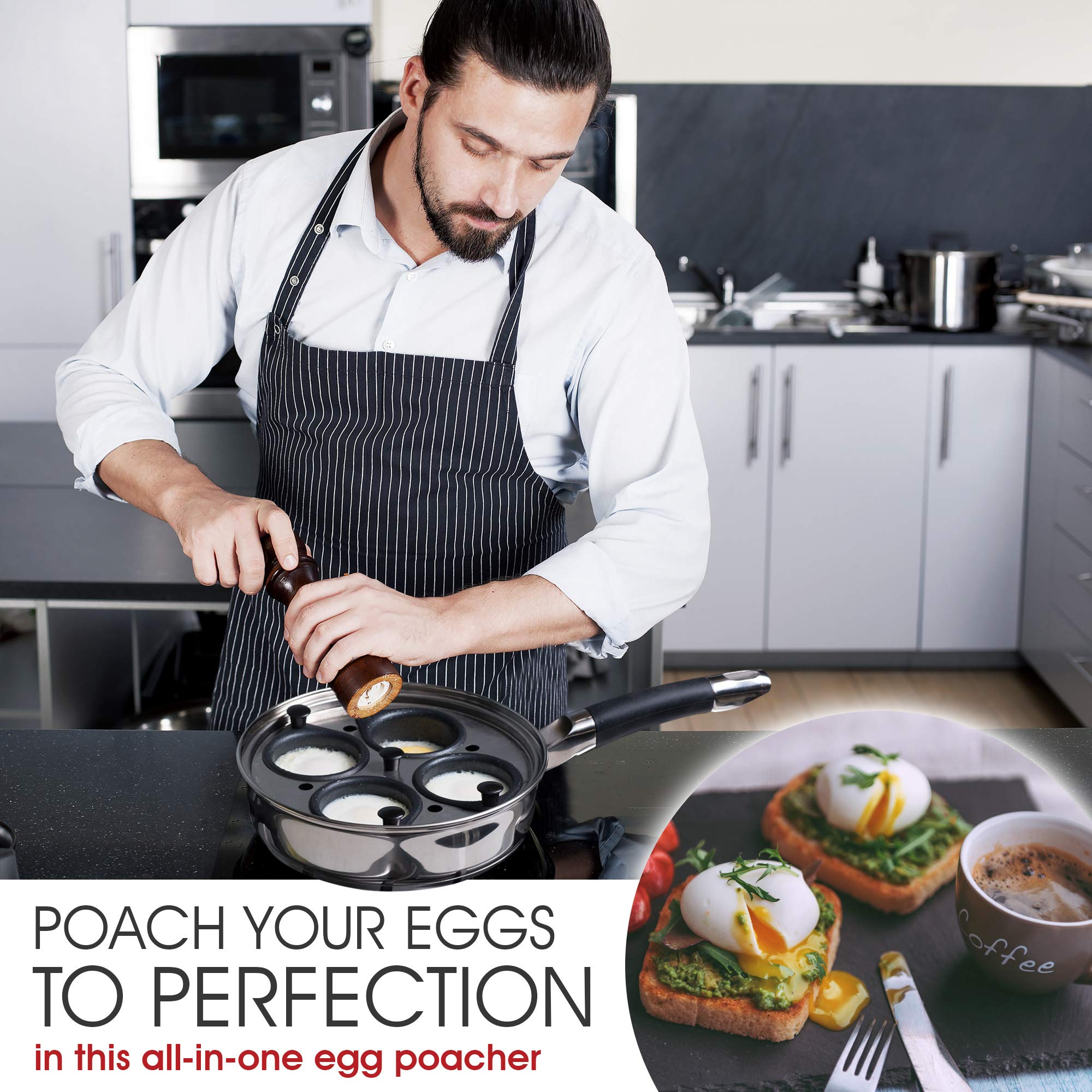 Modern Nonstick Egg Poacher Pan with Silicone Spatula - Stainless Steel Poached Egg Maker for Perfect Eggs Benedict | Easy Breakfast Cooking Tool for Home & Restaurant Use