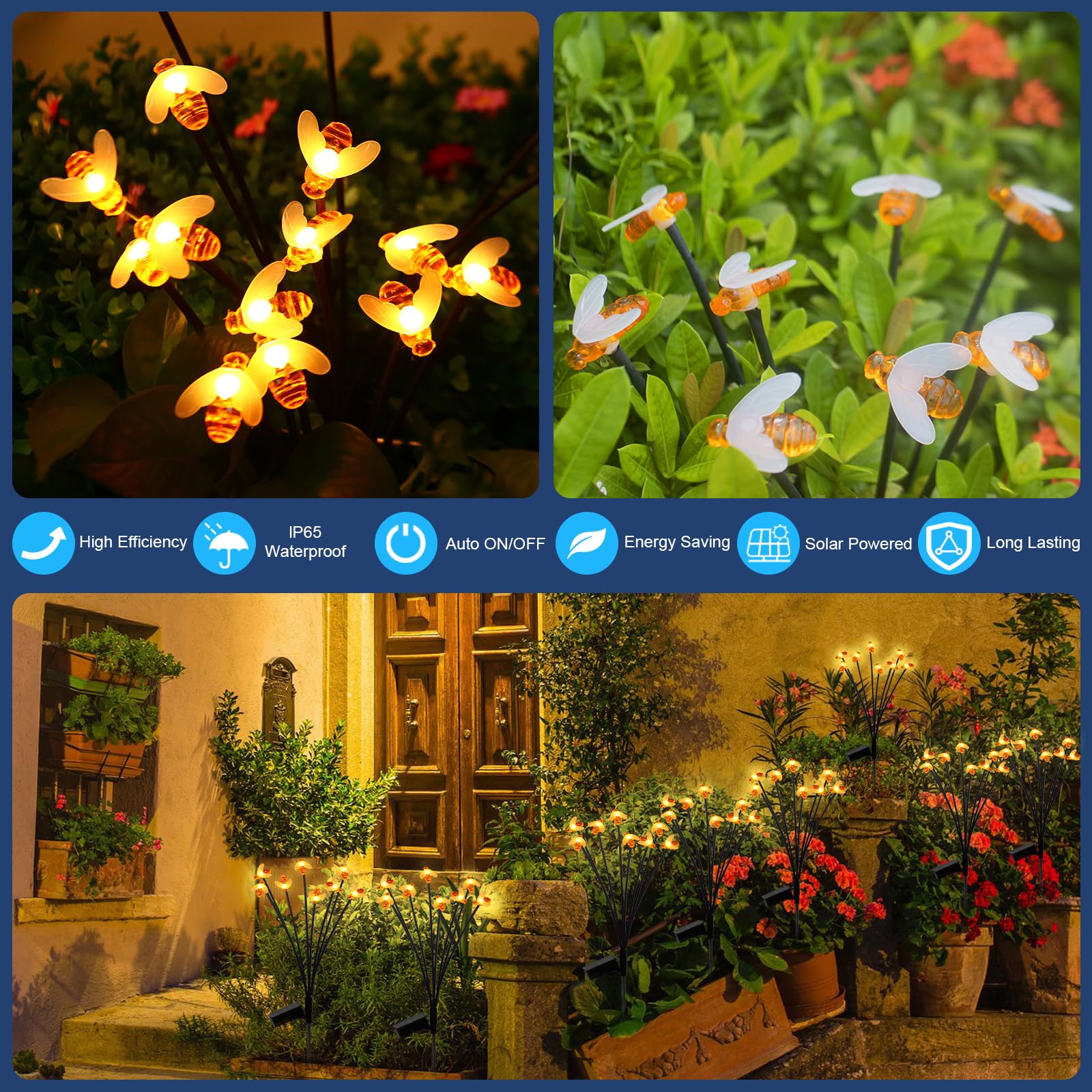 Solar Powered Bee Garden Lights Outdoor Waterproof - 16 LED Solar Bee Fairy Lights (2 Pack) for Patio, Yard, Lawn & Party Decor - 8 Lighting Modes, Warm White - Perfect for Garden Pathways, Backyard Lighting & Outdoor Evening Events