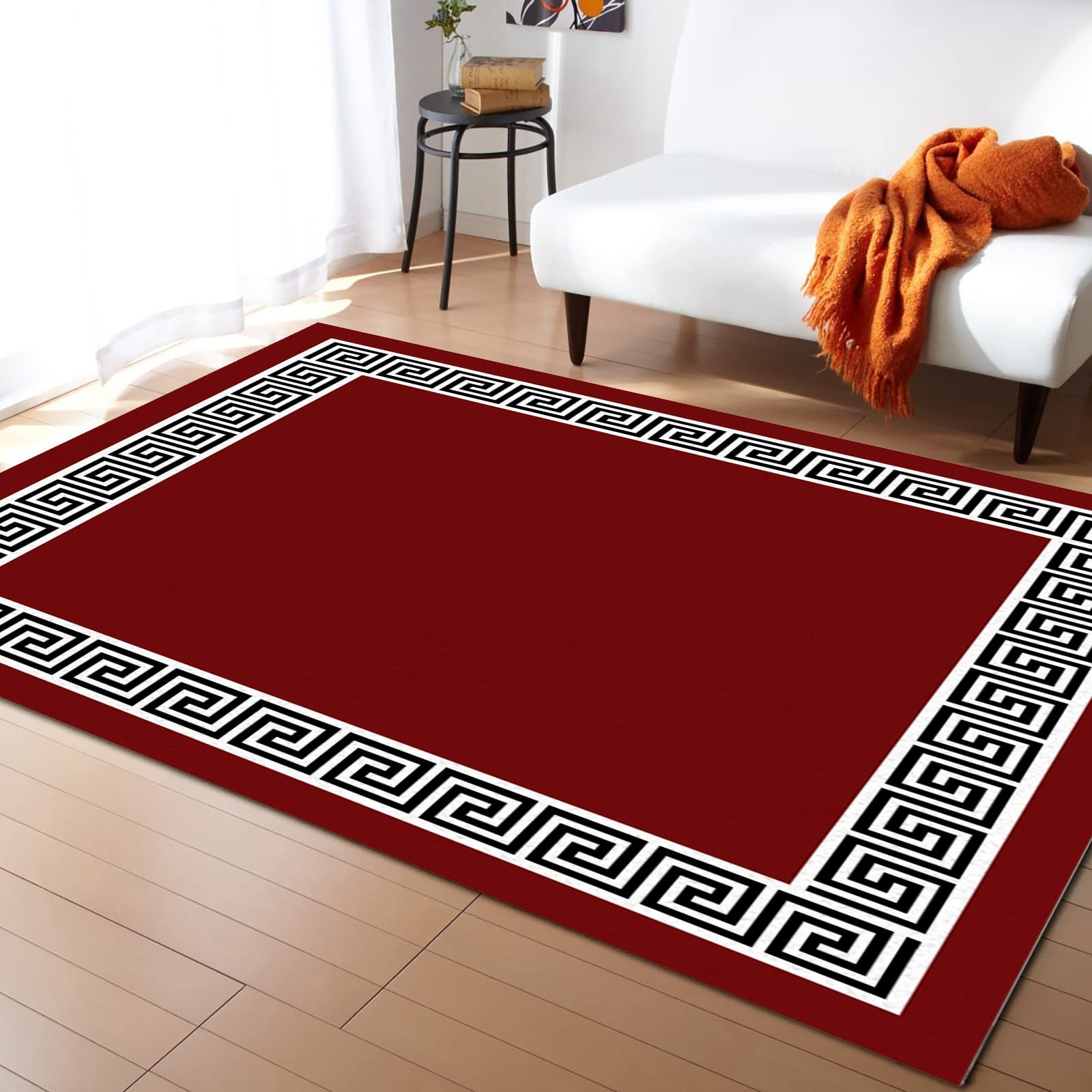 5' x 7' Wine Red Black Geometric Area Rug - Traditional Chinese Tile Pattern Washable Carpet for Indoor & Outdoor Use | Perfect for Living Room, Bedroom, Bathroom, Kitchen, Classroom & More - Soft Floor Mat for Kids & Adults