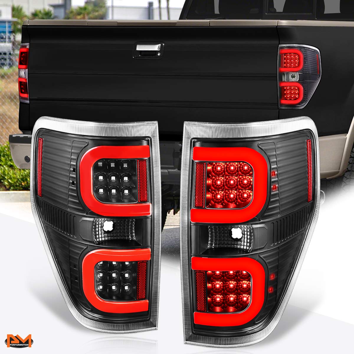 Ford F-150 Pickup 2009-2014 Dual Red LED C-Bar Tail Lights - Brake/Stop Lamps (Black) - Durable & Stylish Replacement for Enhanced Visibility & Safety - Perfect for Off-Roading, Night Driving & Custom Truck Upgrades