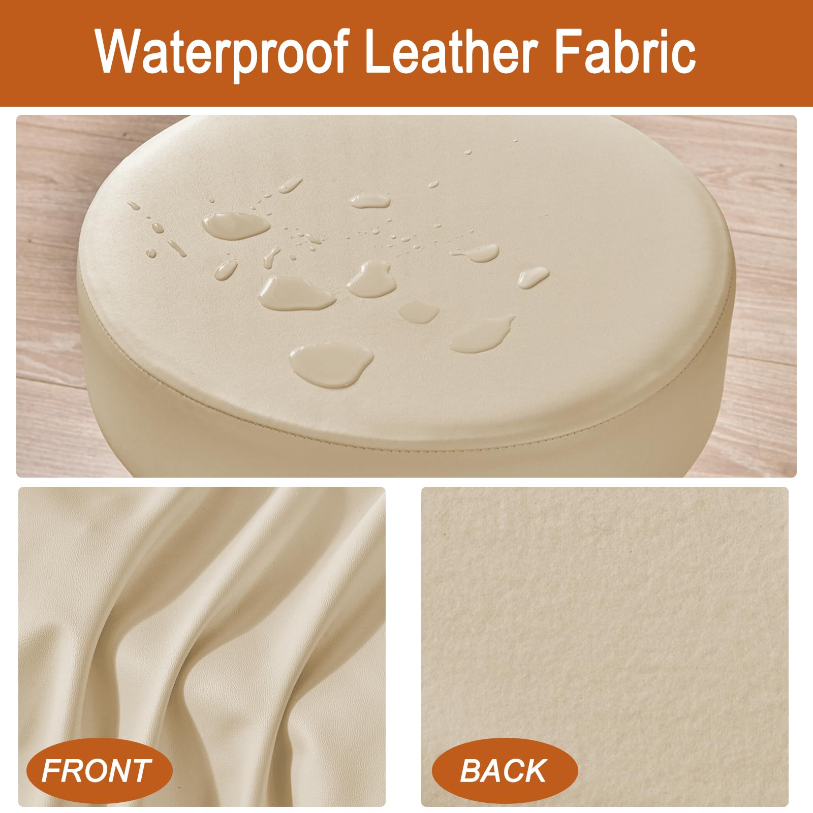 HAOYONG Waterproof Round Bar Stool Covers Set of 2 - Stretch PU Leather Seat Cushion Covers with Non-Slip Bottom for Kitchen, Dining Room & Pub (Beige) | Perfect for Home Decor, Restaurant Seating & Bar Counter Protection
