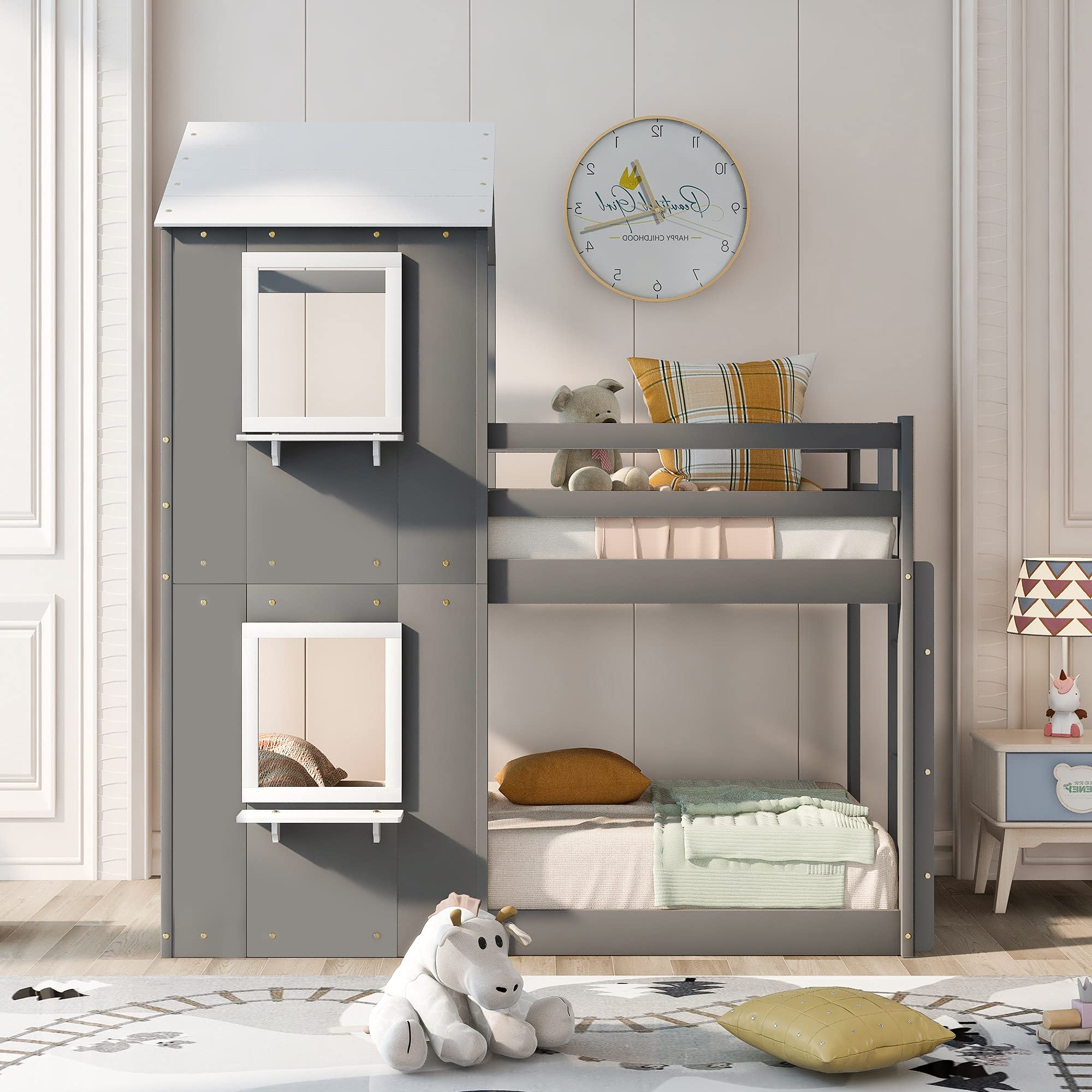 Kids House Shaped Bunk Bed with Roof & Window - Twin Over Twin Loft Bed with Guardrail & Ladder - Gray Themed Bedroom Furniture for Boys & Girls - Perfect for Small Spaces, Sleepovers & Playtime