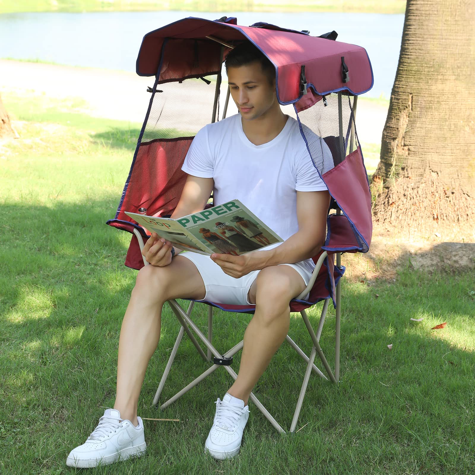 Camping Brothers Portable Folding Chair with Adjustable Sun Shade - Lightweight Outdoor Camping Chair with Cup Holder & Storage Pockets - Perfect for Beach, Picnic, Backyard & Tailgating (Maroon)
