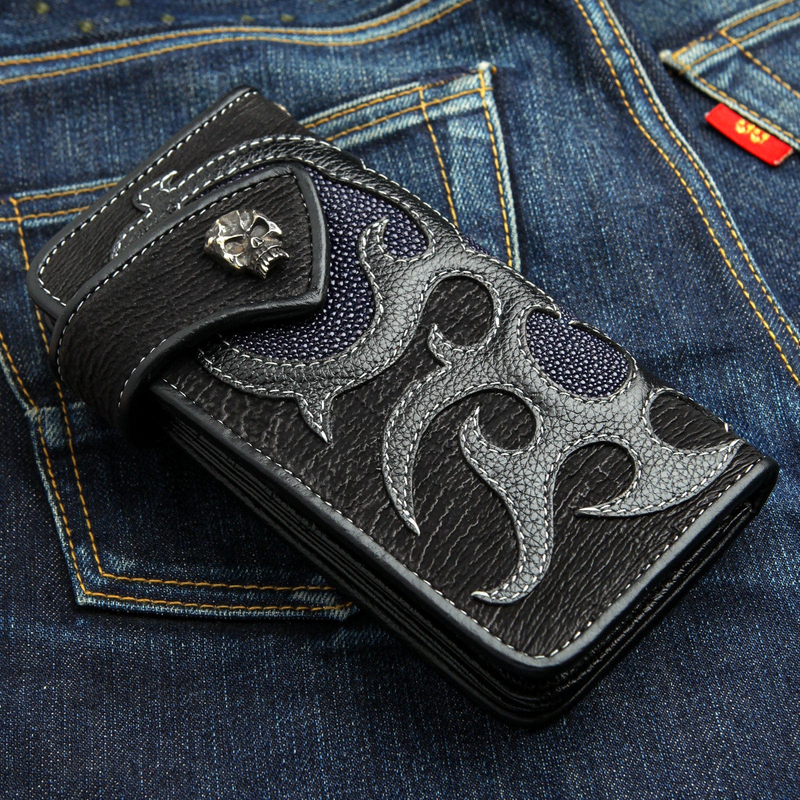 Genuine Navy Blue Stingray Leather Skull Men's Biker Wallet - RFID Blocking Slim Bifold Wallet for Motorcycle Riders & Everyday Carry (Perfect Gift for Bikers)