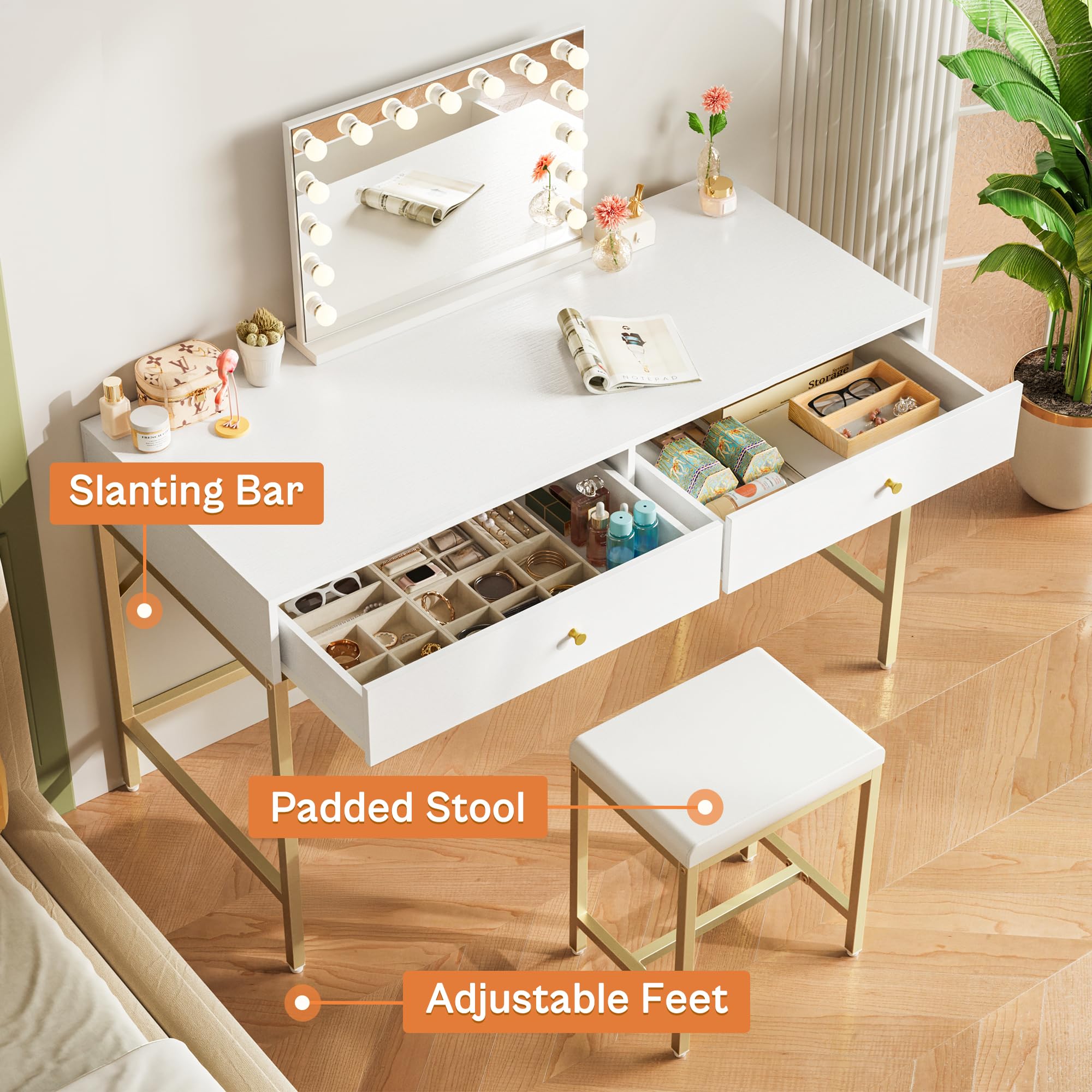 SUPERJARE 43-inch White and Gold Vanity Desk with 2 Drawers & Padded Stool - Modern Makeup Dressing Table, Computer Desk with Storage, Home Office Writing Desk for Bedroom, Study & Small Spaces