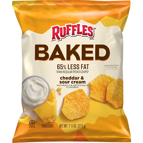 Ruffles Oven Baked Cheddar & Sour Cream Flavored Potato Crisps - 1.125 Oz (Pack of 64) | Healthy Snack for Parties, Lunch Boxes & Movie Nights | Crunchy Baked Chips for Kids & Adults