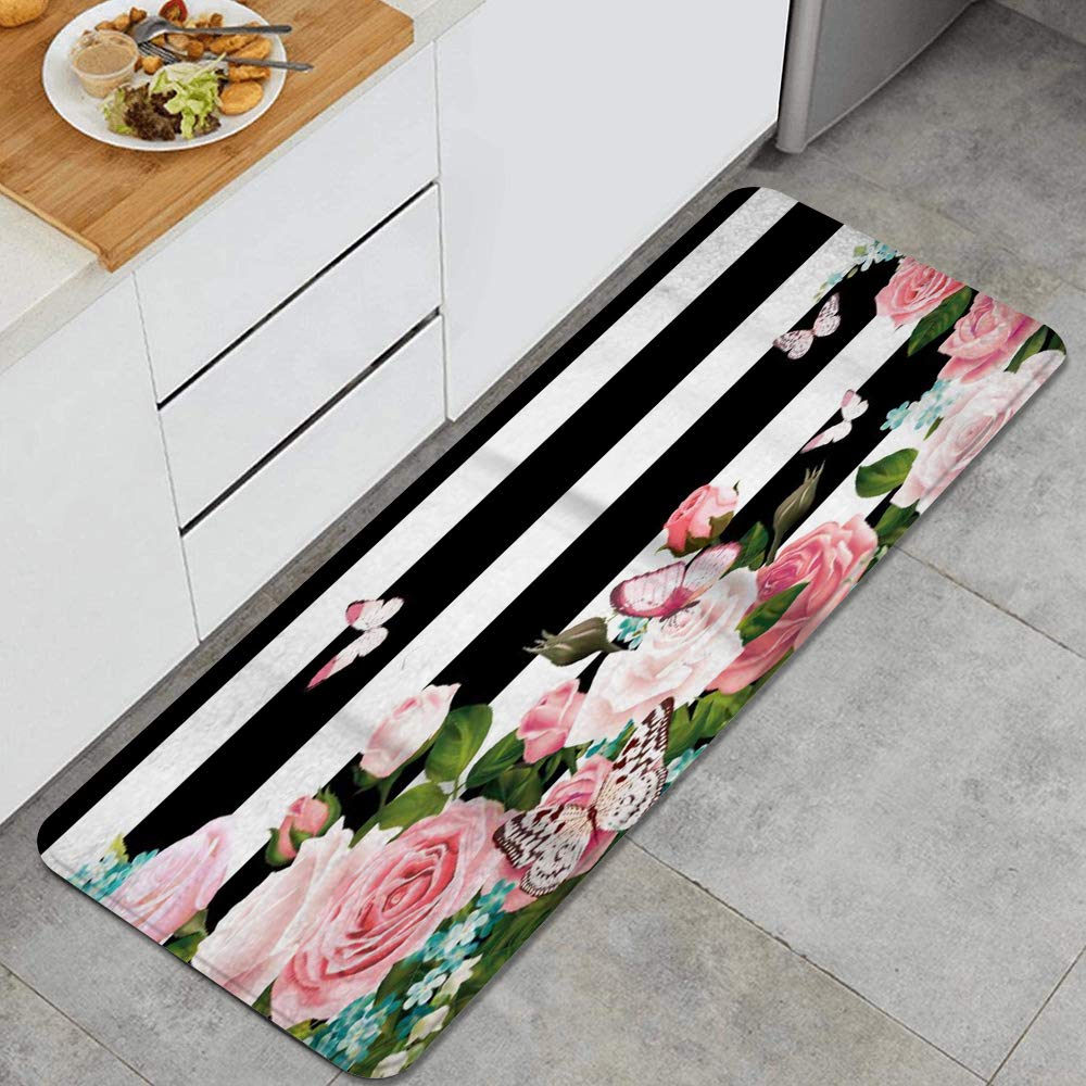 VANKINE Anti-Fatigue Kitchen Mat - Cushioned Non-Slip Floor Rug with Black & White Stripe and Pink Floral Butterfly Design - Comfortable Standing Mat for Kitchen, Entryway, Laundry Room - Perfect for Cooking, Dishwashing and Home Decor