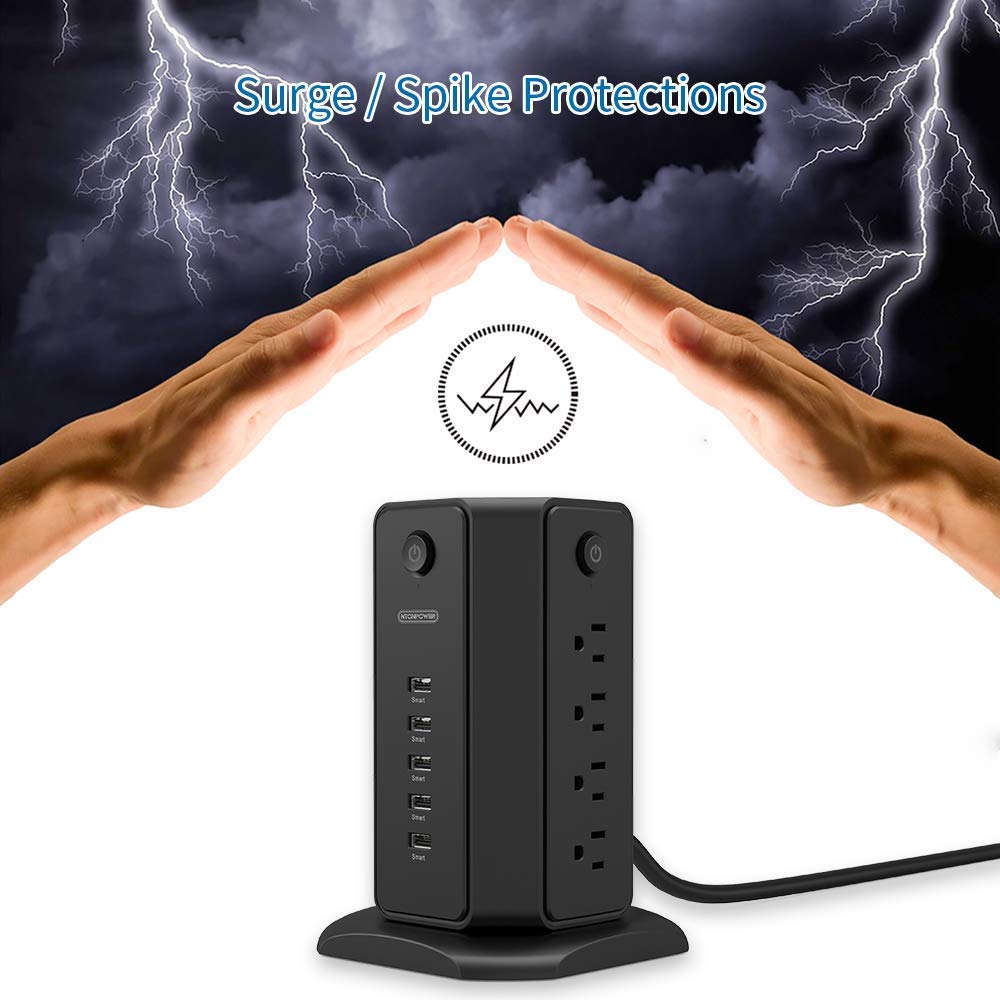 NTONPOWER Desktop Power Strip with USB Ports, 6-Outlet Tower Power Strip & Extension Cord - Essential for Home Office, Dorm Room, Gaming Setup & Workspace Organization (Black)