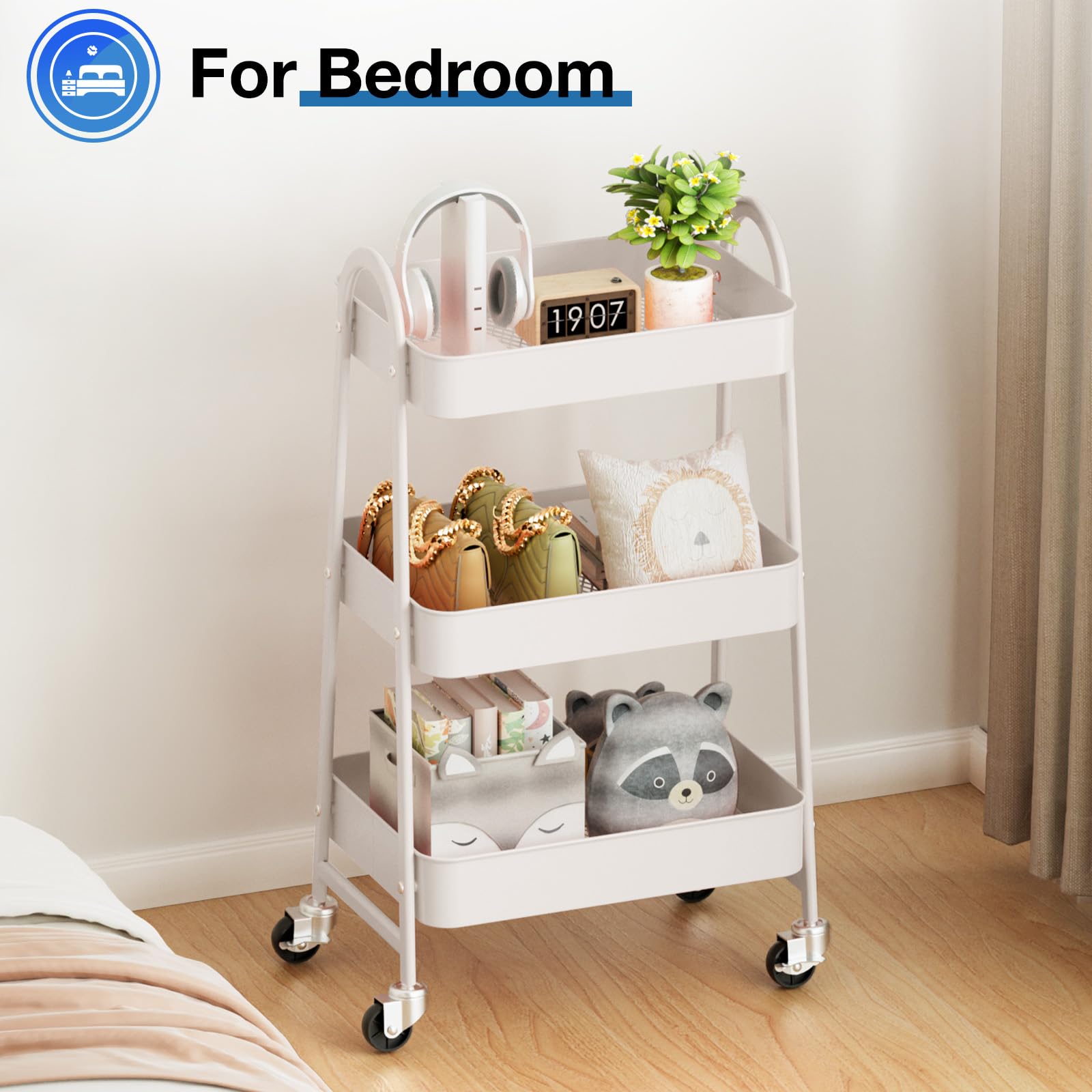 OLIXIS 3-Tier Metal Rolling Cart with Lockable Wheels - Mobile Storage Shelf Organizer for Kitchen, Bathroom, Living Room & Small Spaces - White - Perfect for Home Organization, Office Supplies & Closet Storage
